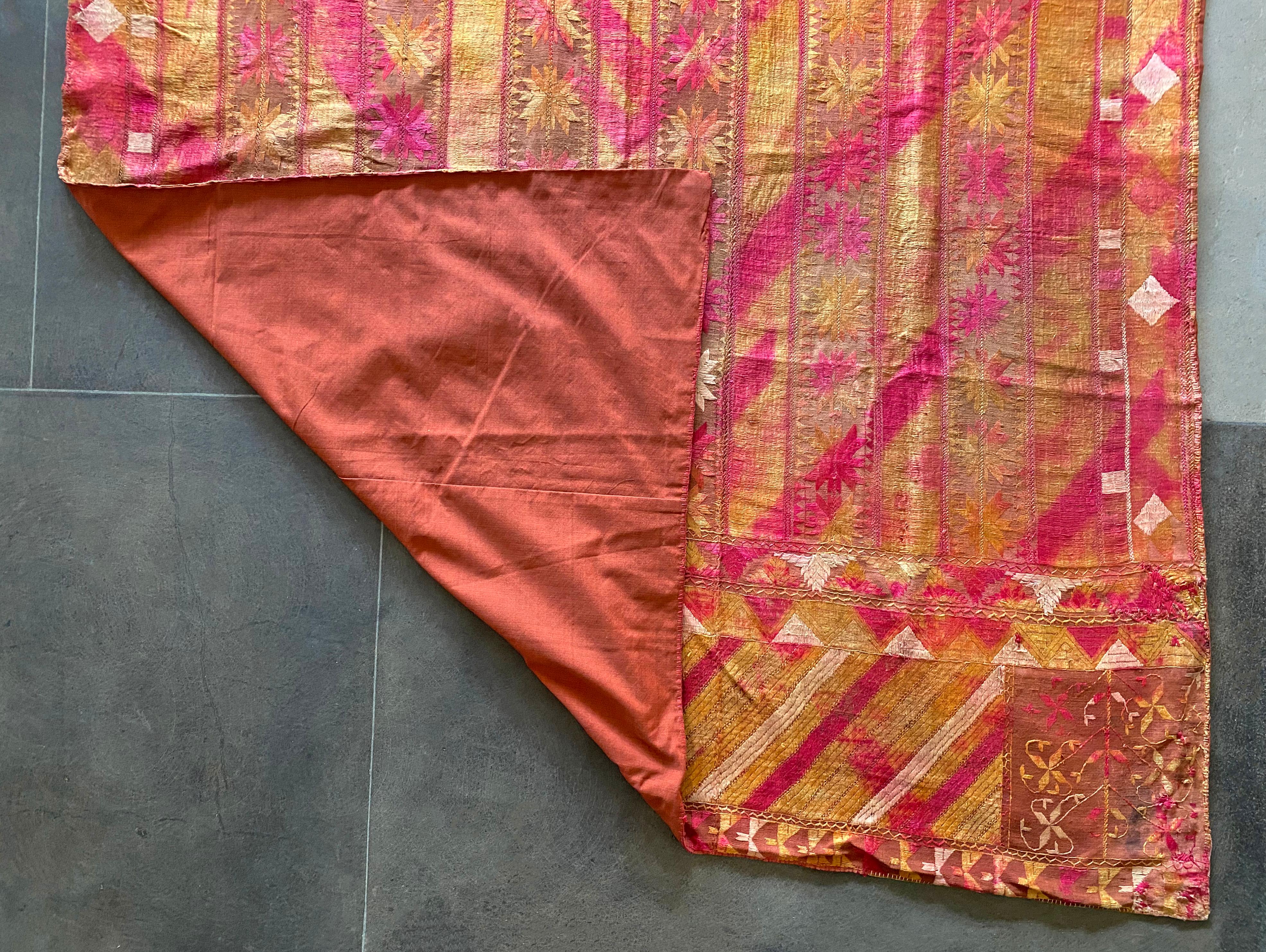 Indian Phulkari Wedding Textile, Silk & Cotton Embroidery, Punjab 1900s For Sale 5