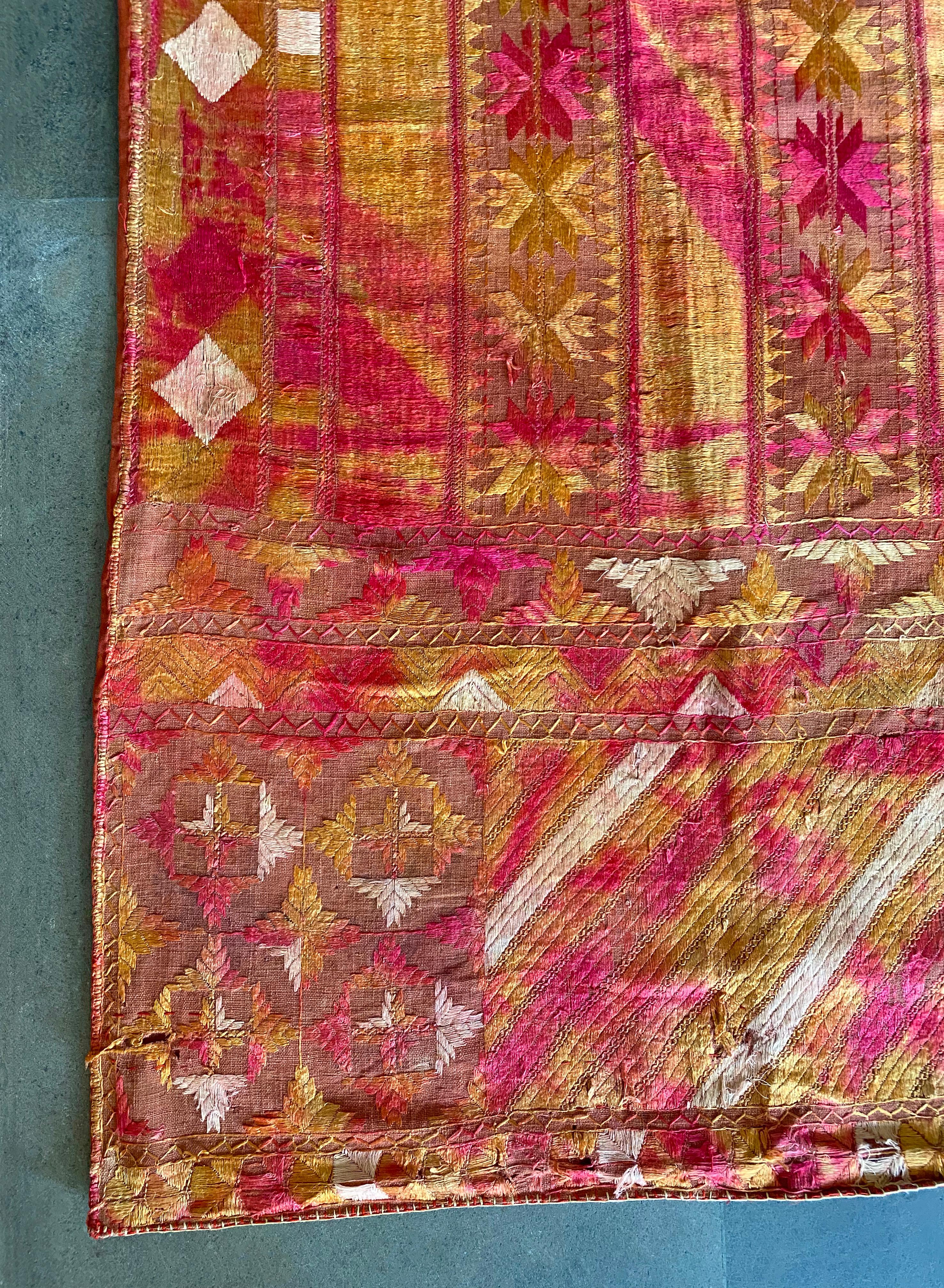 Hand-Crafted Indian Phulkari Wedding Textile, Silk & Cotton Embroidery, Punjab 1900s For Sale
