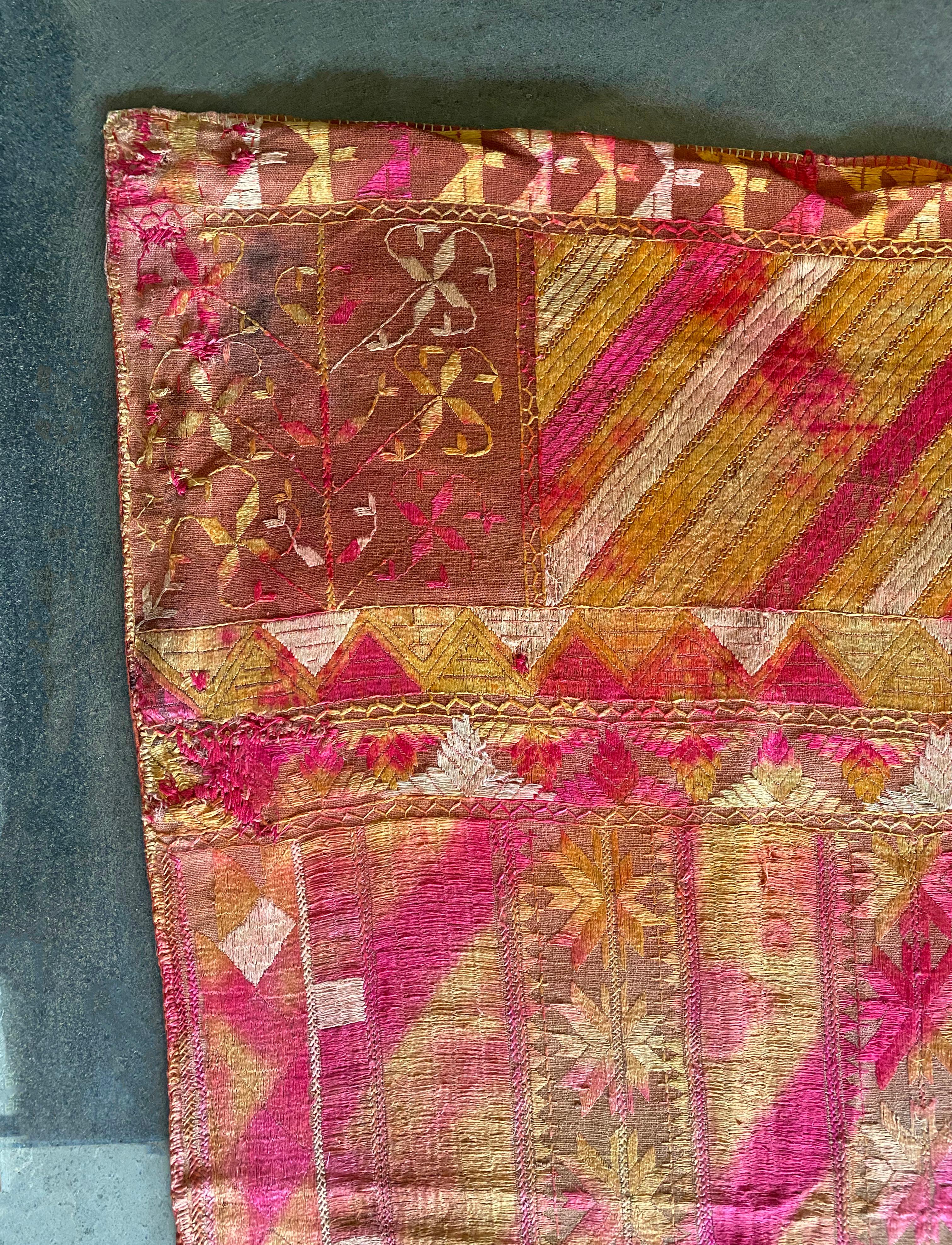 20th Century Indian Phulkari Wedding Textile, Silk & Cotton Embroidery, Punjab 1900s For Sale
