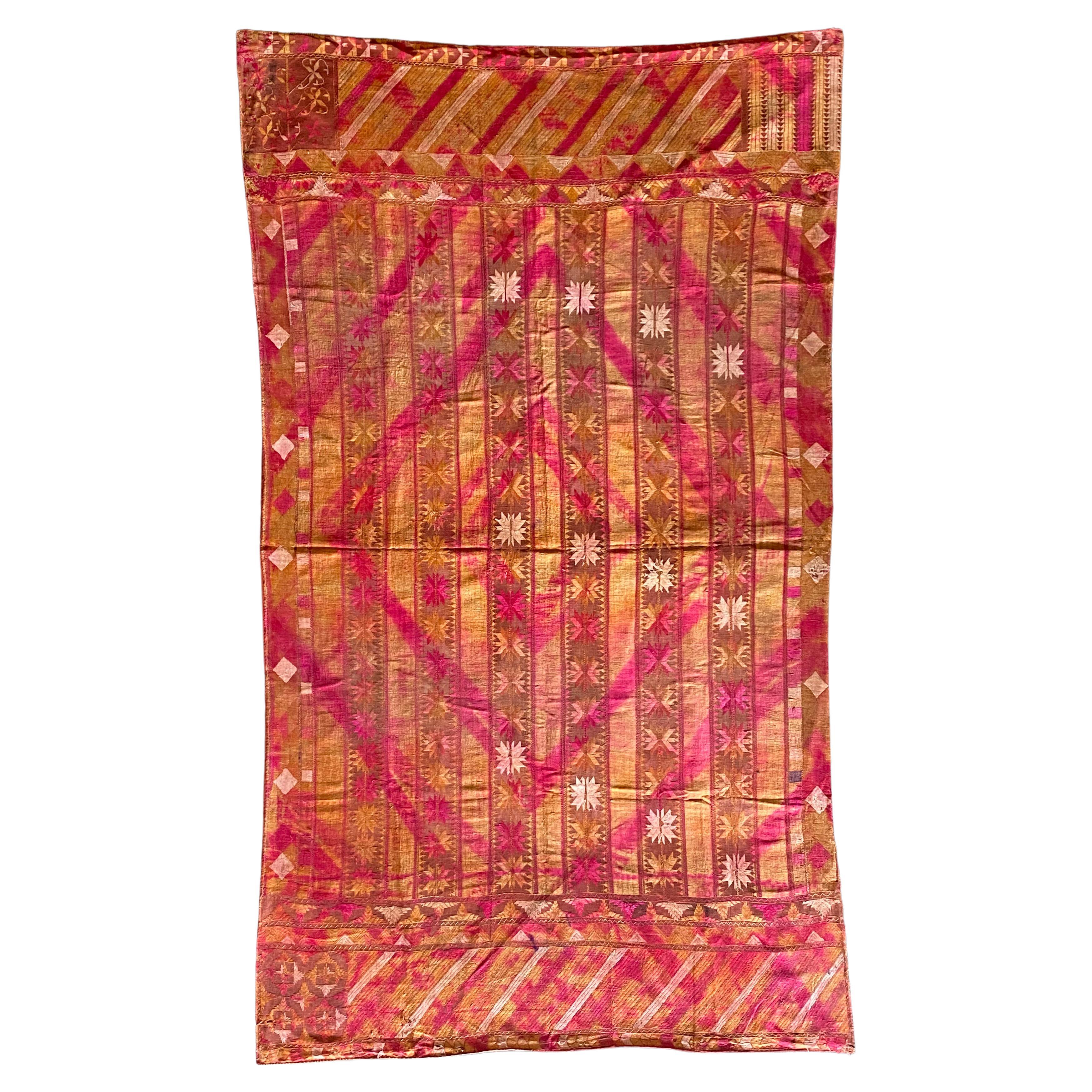 Indian Phulkari Wedding Textile, Silk & Cotton Embroidery, Punjab 1900s For Sale