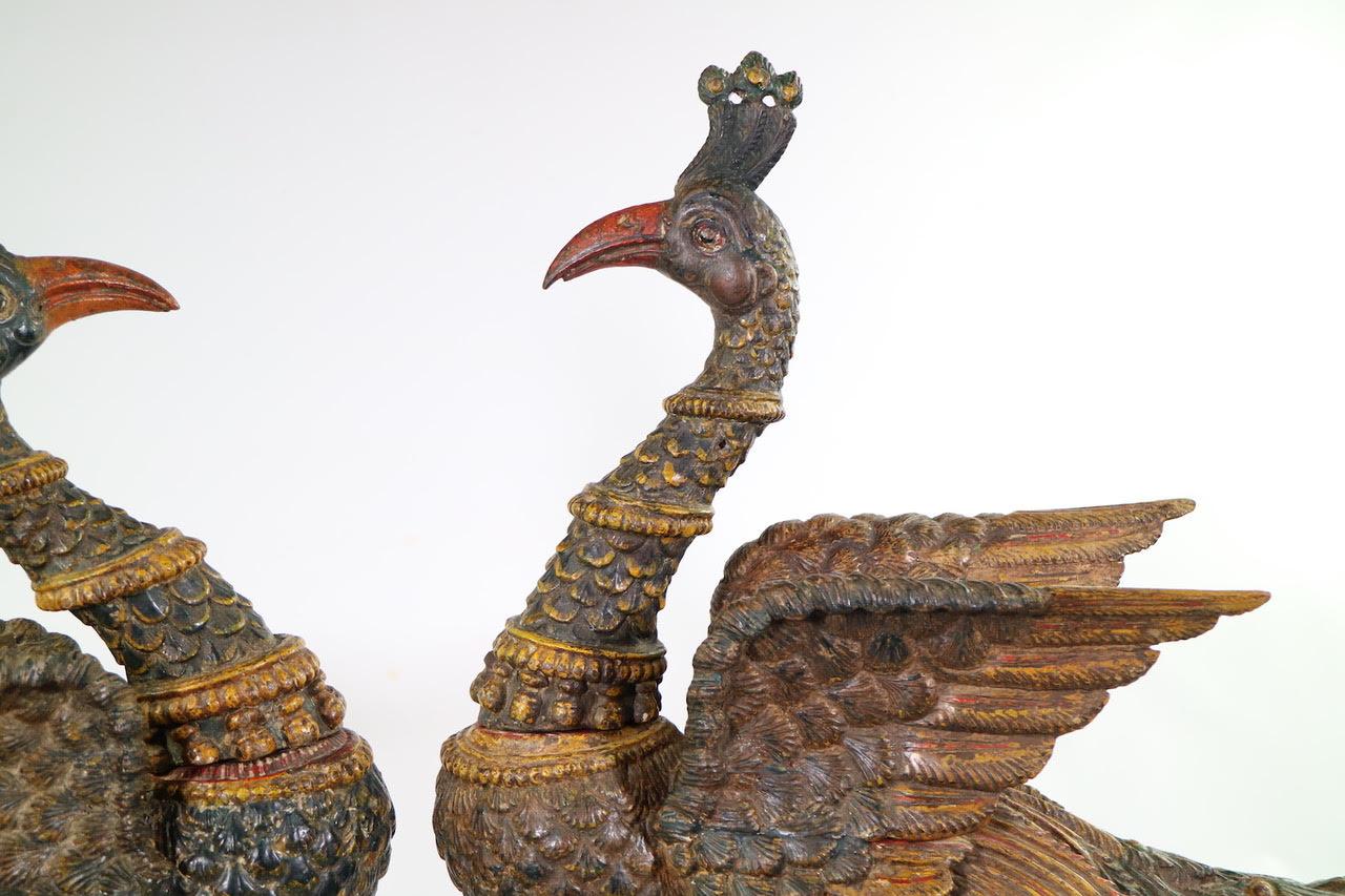 Indian Poly-Chrome Peacocks in Carved Wood, Late 18th Century 8