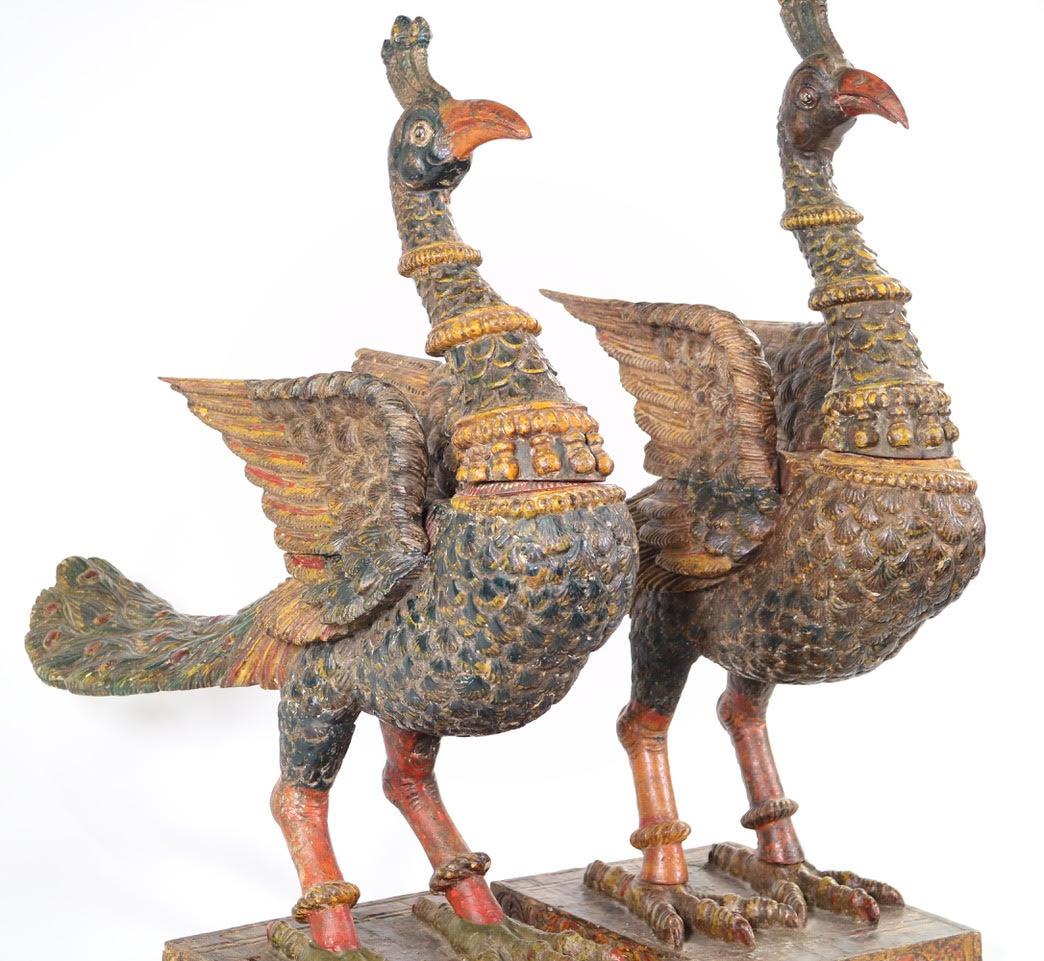 Anglo-Indian Indian Poly-Chrome Peacocks in Carved Wood, Late 18th Century