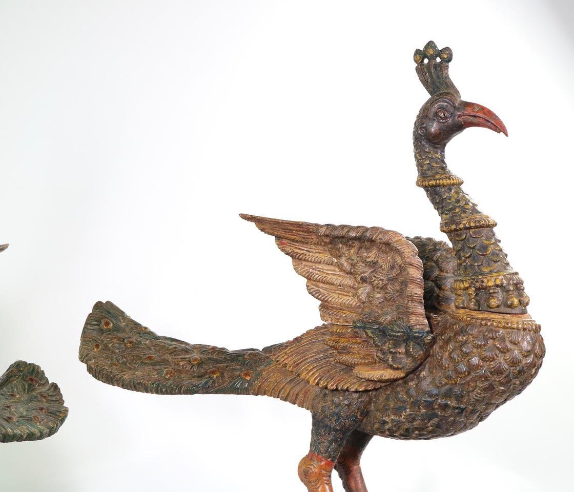 Polychromed Indian Poly-Chrome Peacocks in Carved Wood, Late 18th Century