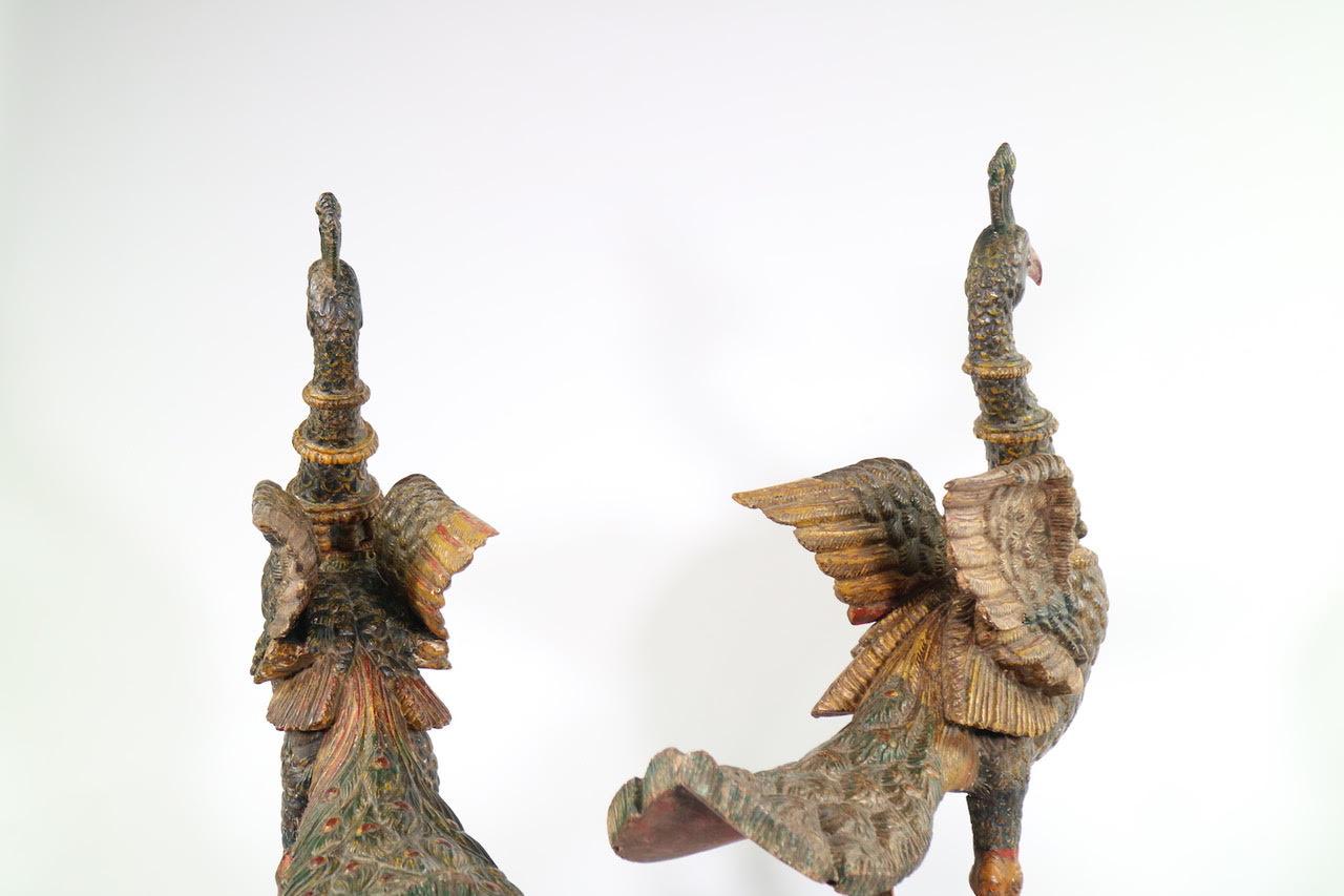 Indian Poly-Chrome Peacocks in Carved Wood, Late 18th Century In Good Condition In New York, NY