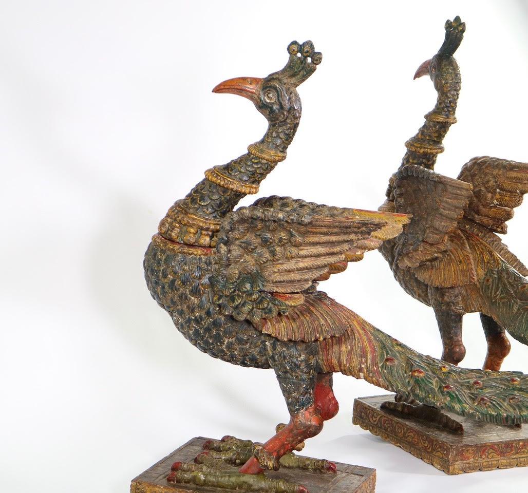 Indian Poly-Chrome Peacocks in Carved Wood, Late 18th Century 1