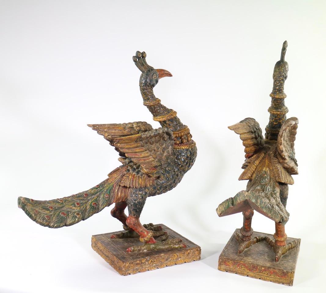 Indian Poly-Chrome Peacocks in Carved Wood, Late 18th Century 3