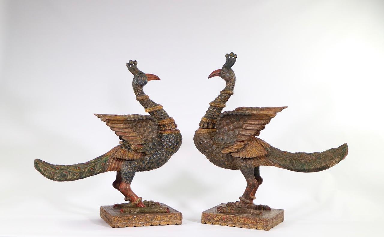 Indian Poly-Chrome Peacocks in Carved Wood, Late 18th Century 4