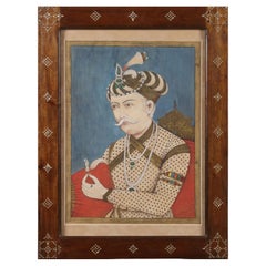 Antique Indian Portrait Painting of Mughal Emperor Akbar the Great, 19th Century