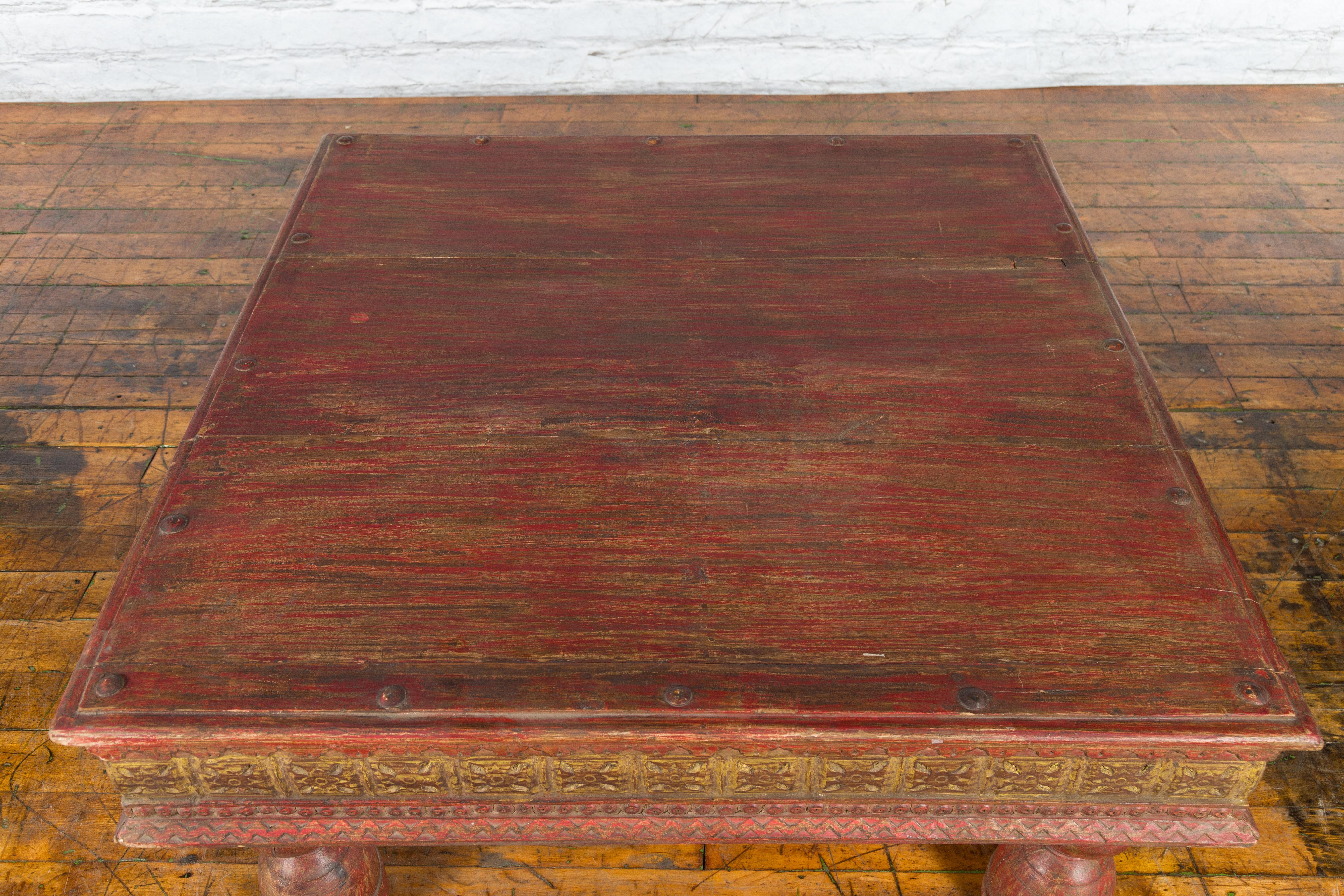 Indian Primitive Low Carved Wooden Coffee Table with Polychrome Accents 4