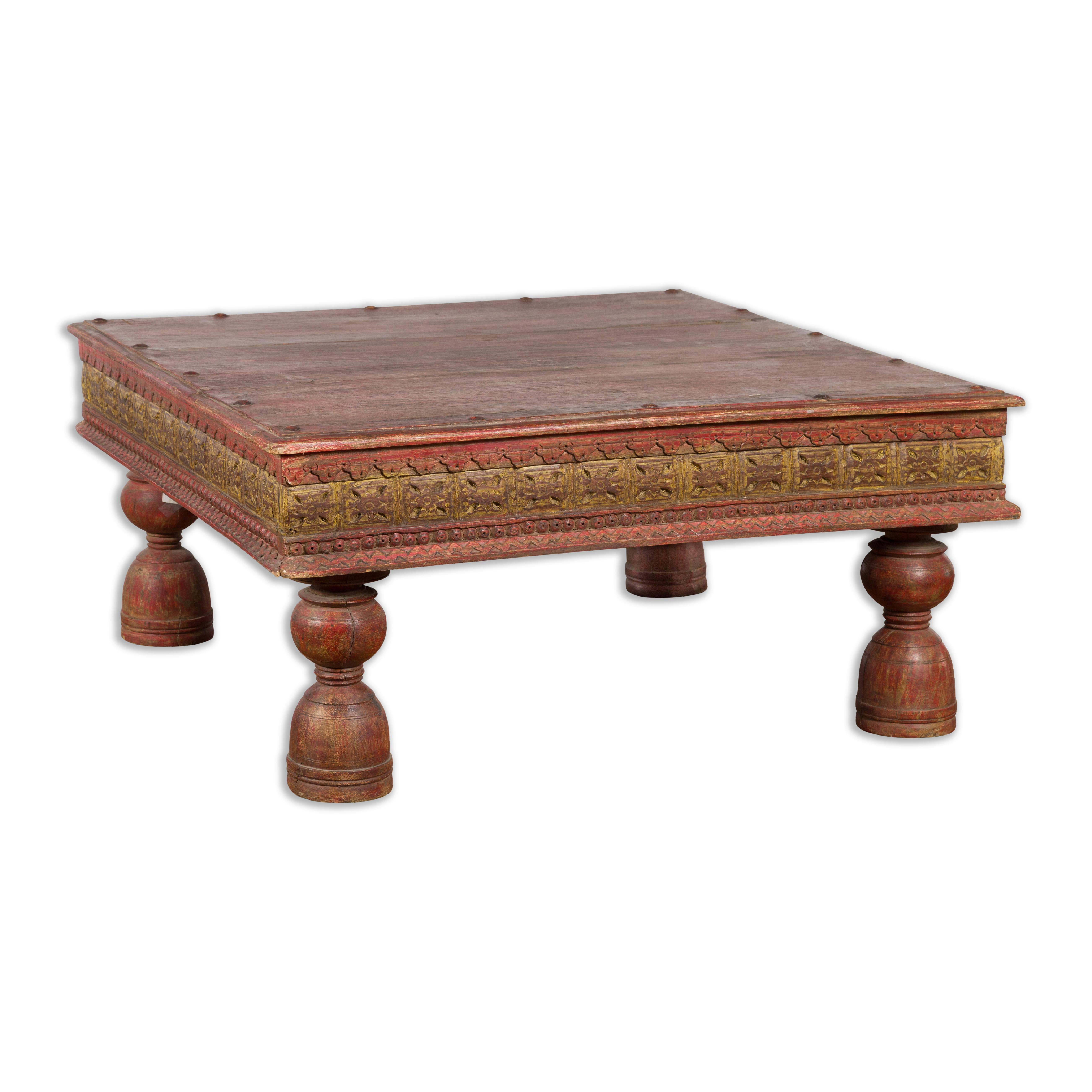 Indian Primitive Low Carved Wooden Coffee Table with Polychrome Accents For Sale 5