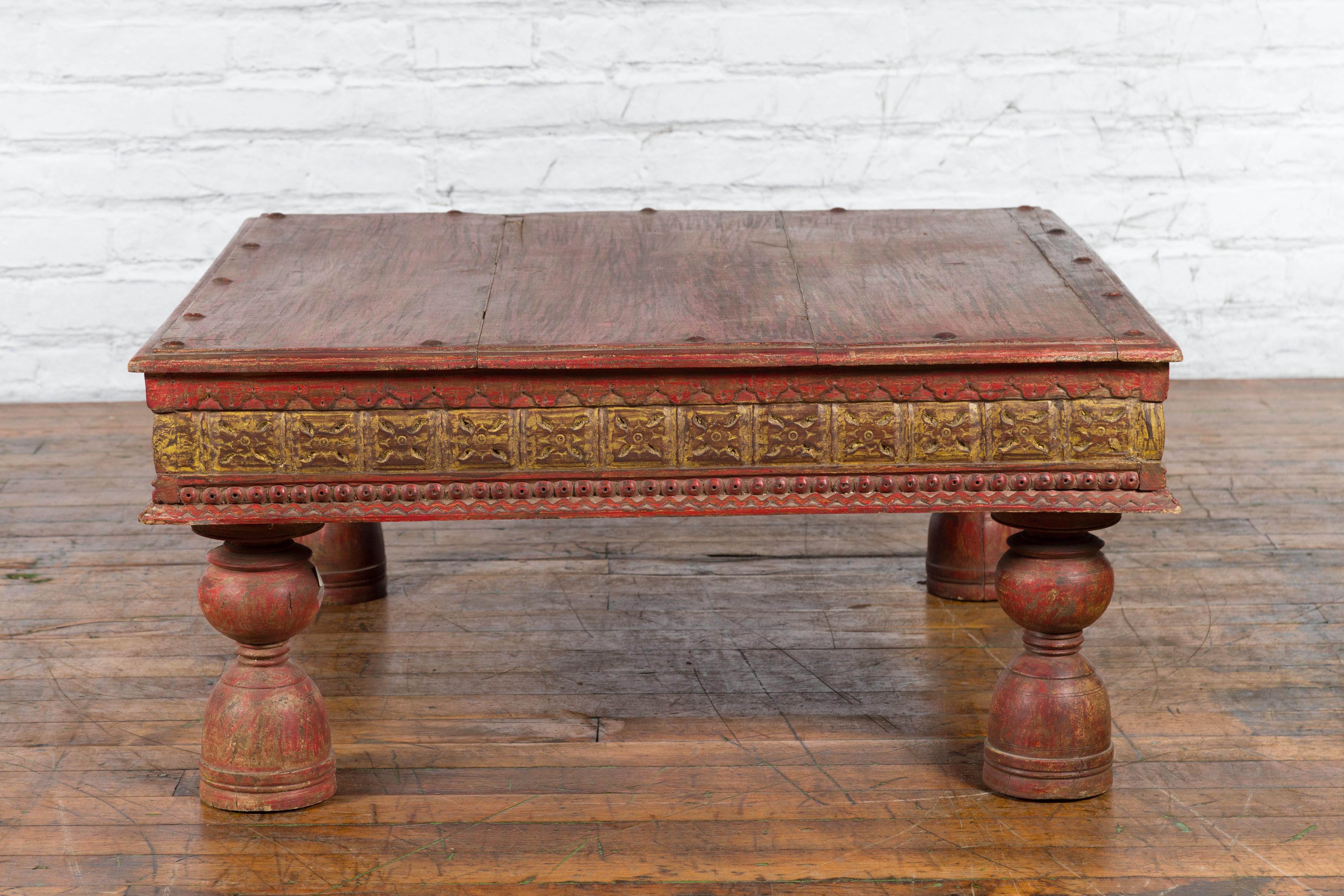 Indian Primitive Low Carved Wooden Coffee Table with Polychrome Accents For Sale 6