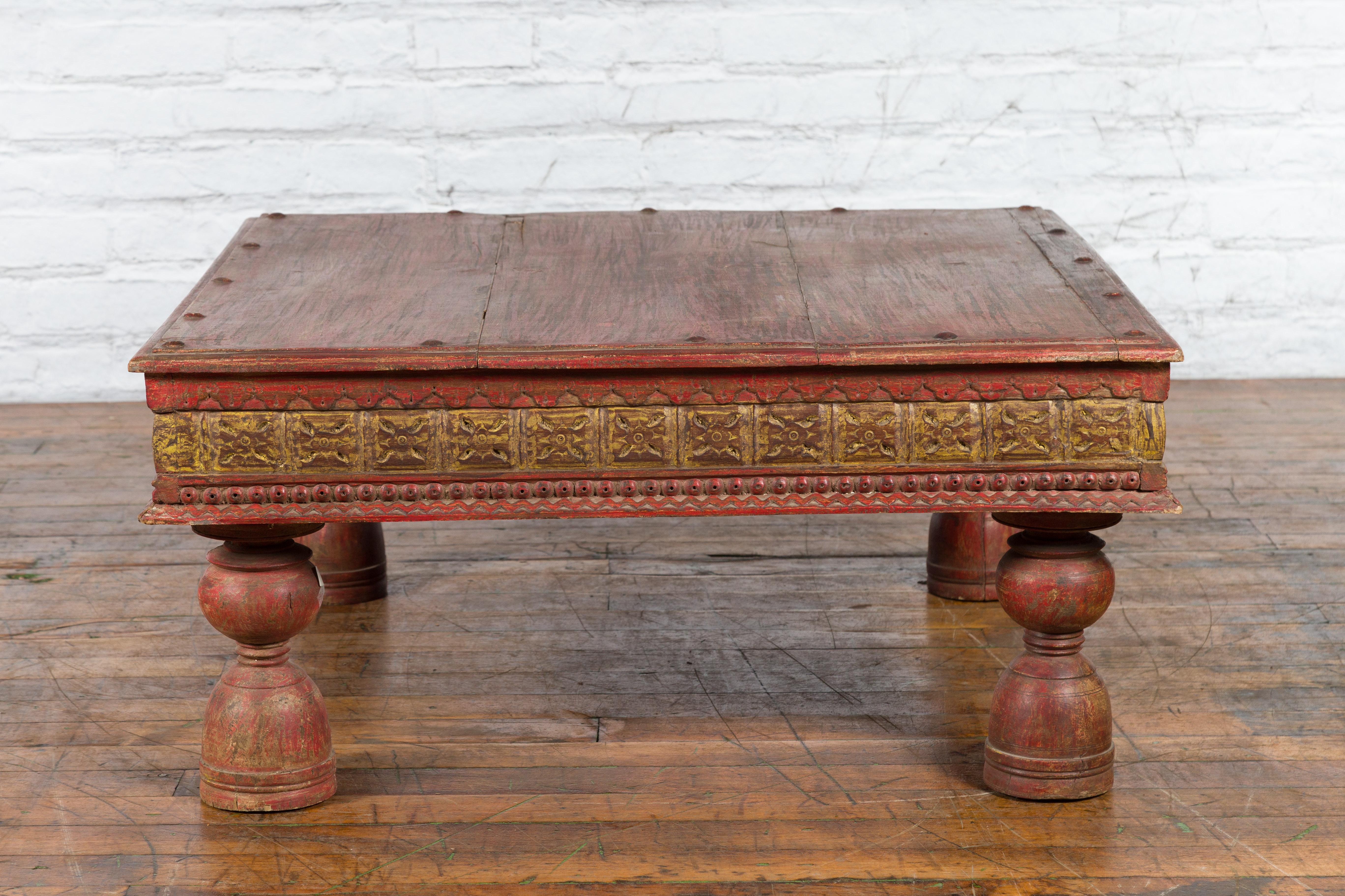 Indian Primitive Low Carved Wooden Coffee Table with Polychrome Accents 6
