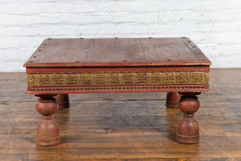 Indian Primitive Low Carved Wooden Coffee Table with Polychrome Accents For Sale 9