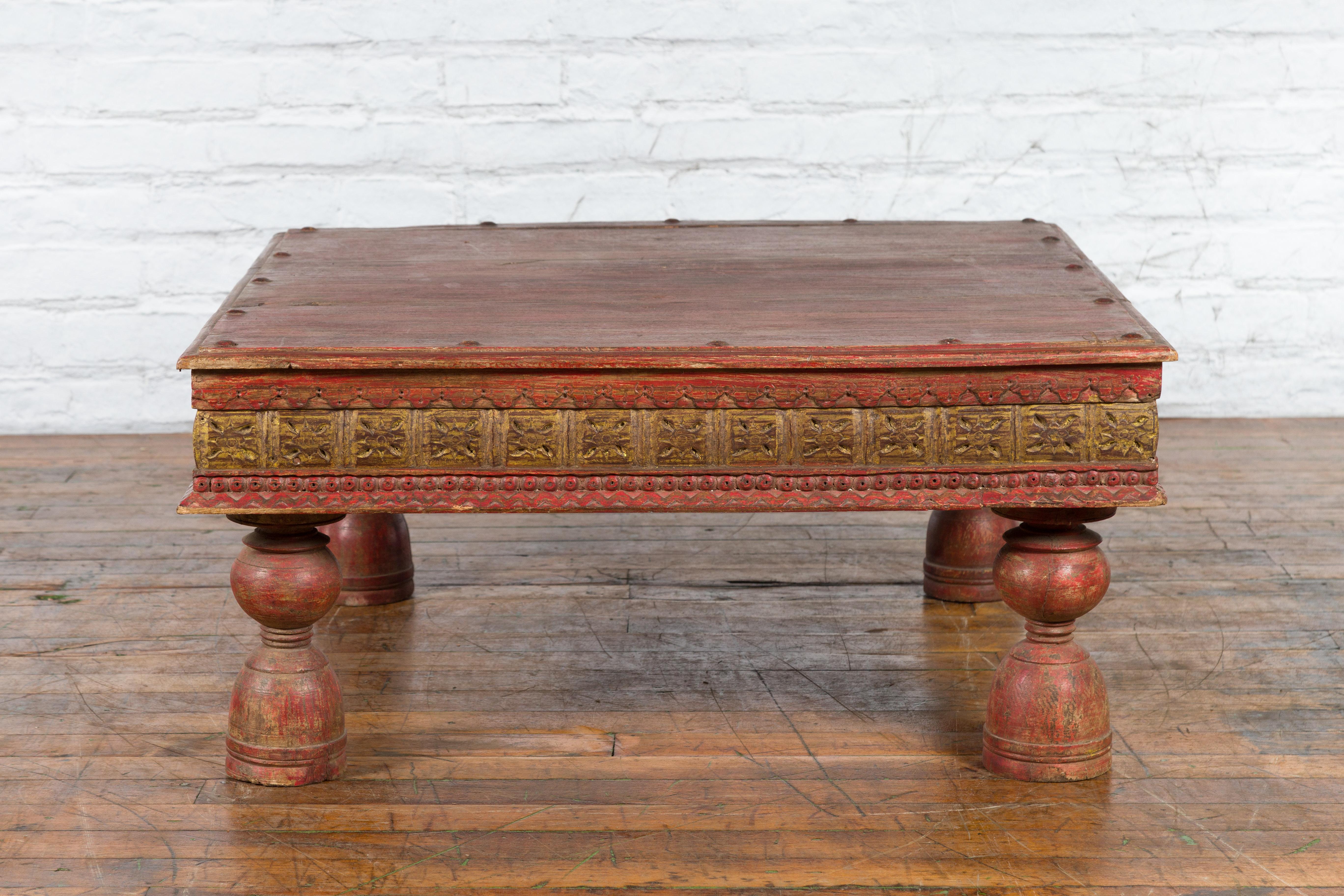 Indian Primitive Low Carved Wooden Coffee Table with Polychrome Accents For Sale 7