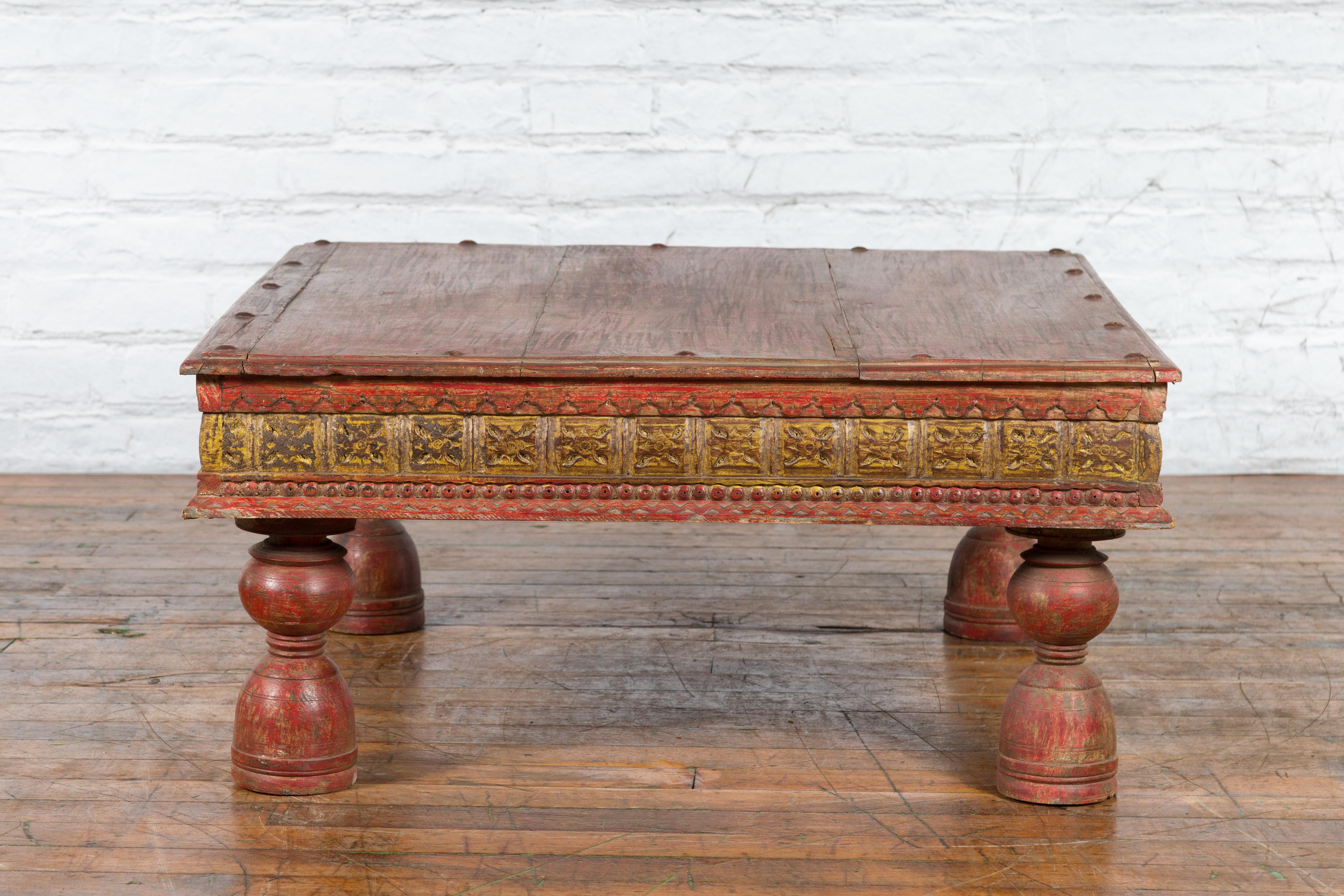 Indian Primitive Low Carved Wooden Coffee Table with Polychrome Accents For Sale 8