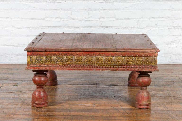 Indian Primitive Low Carved Wooden Coffee Table with Polychrome Accents For Sale 11