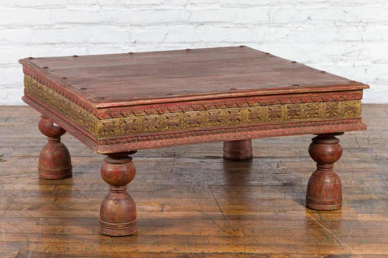 Indian Primitive Low Carved Wooden Coffee Table with Polychrome Accents In Good Condition For Sale In Yonkers, NY