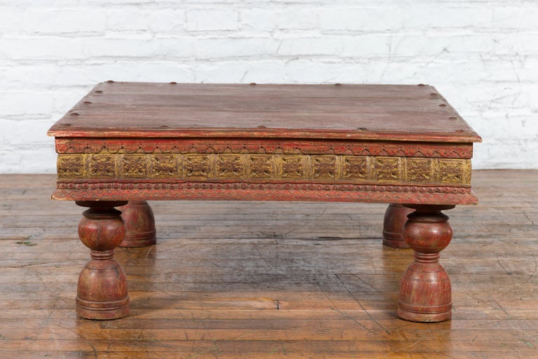 Indian Primitive Low Carved Wooden Coffee Table with Polychrome Accents For Sale 1