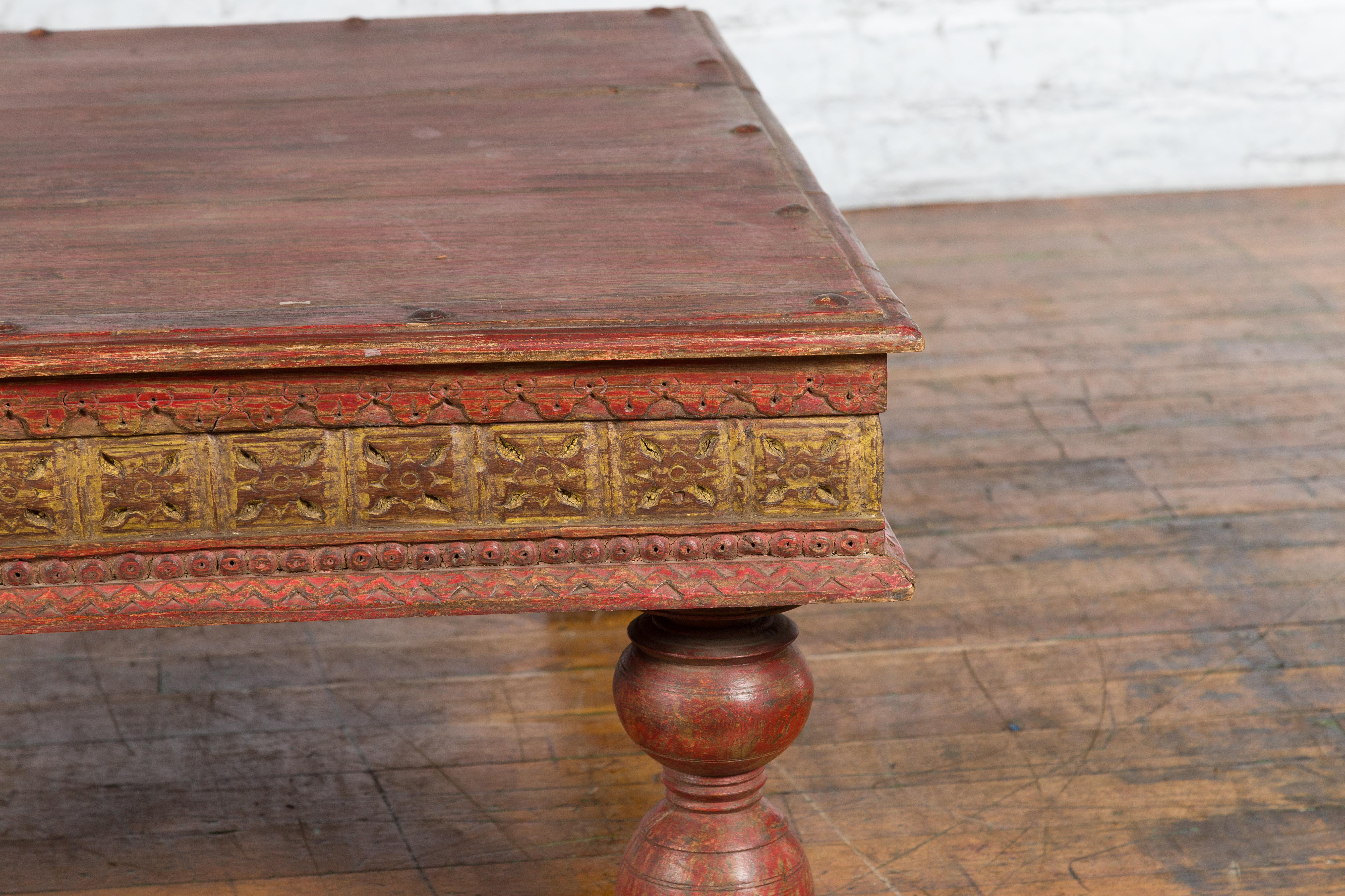 Indian Primitive Low Carved Wooden Coffee Table with Polychrome Accents In Good Condition In Yonkers, NY