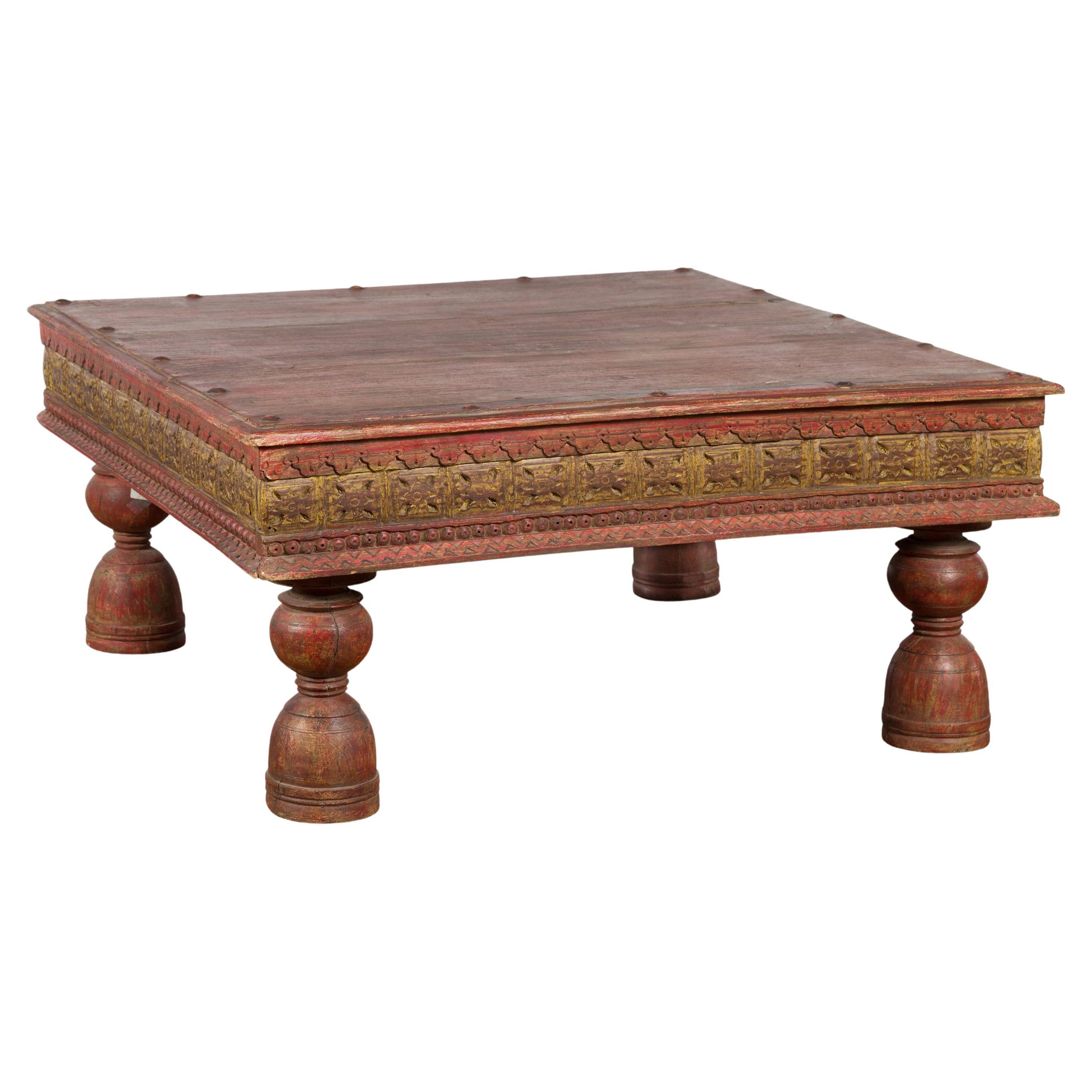 Indian Primitive Low Carved Wooden Coffee Table with Polychrome Accents