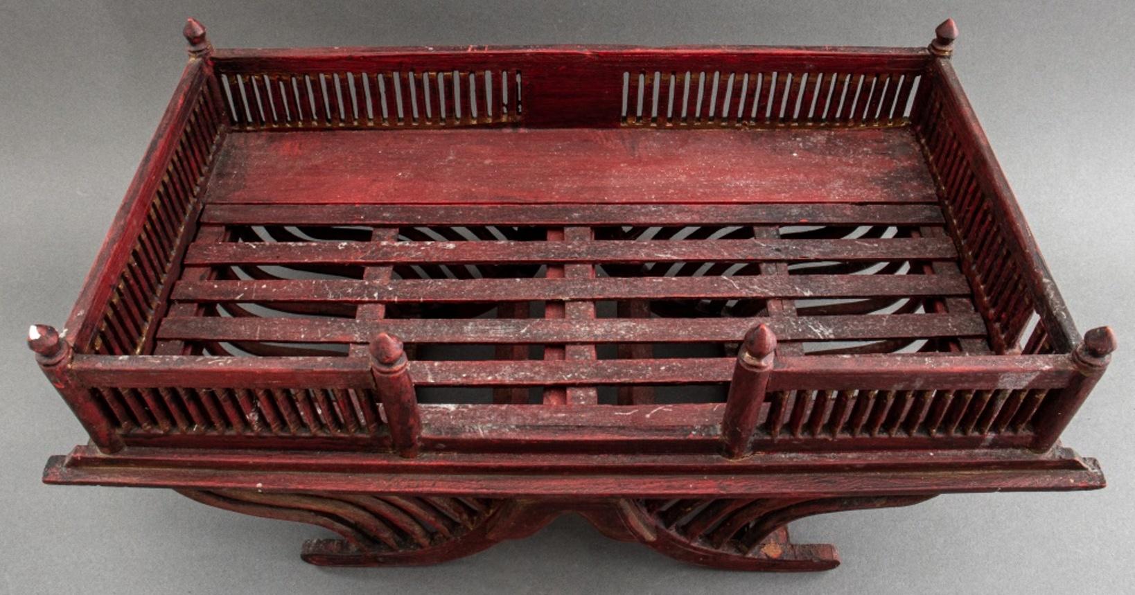 Raj, likely first quarter 20th century, of typical form with rectangular slatted palanquin and elephant saddle, likley 19th C or later, possibly stained Sandalwood. 

Dimensions:  9.5