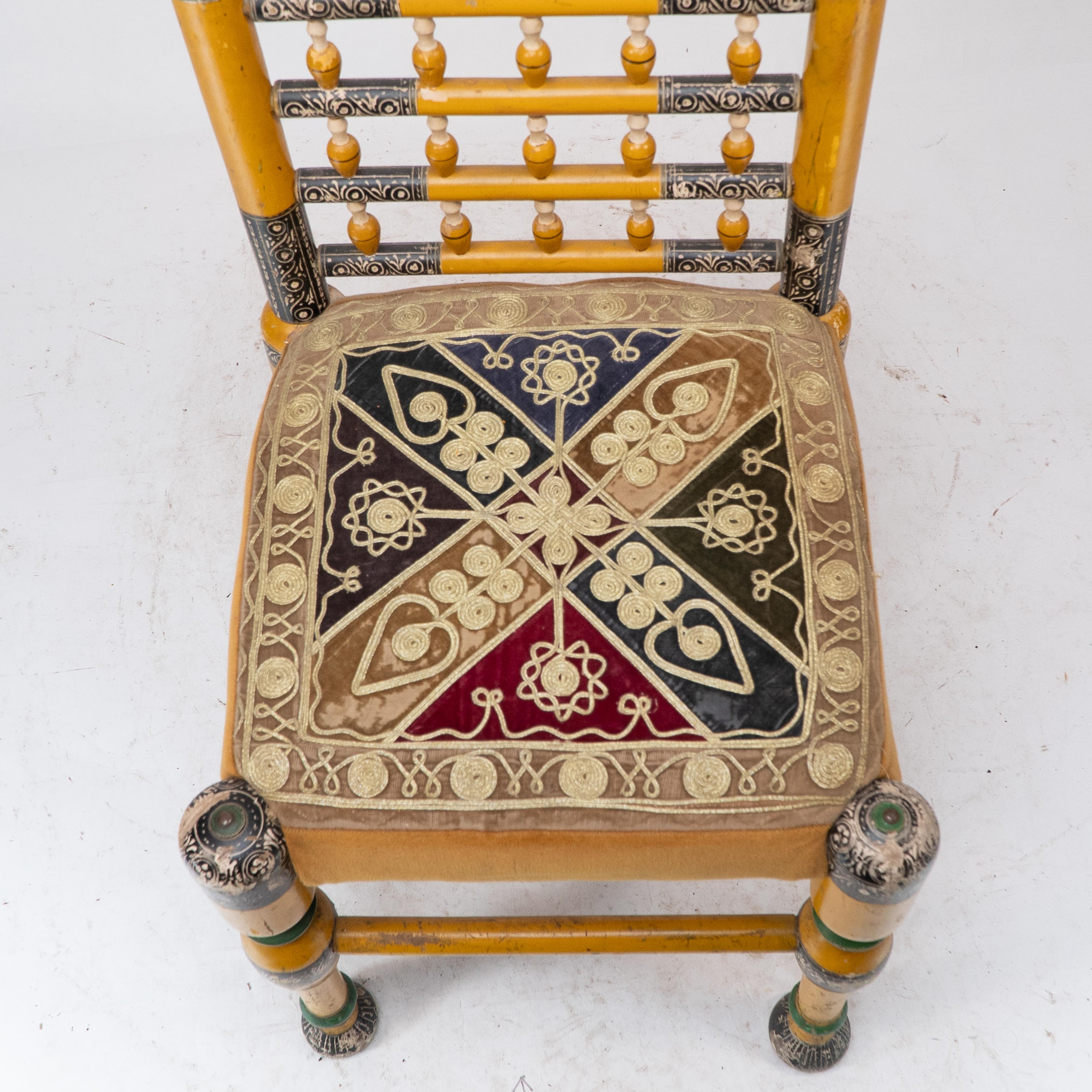 Indian Rajasthani A pair of polychrome painted chairs with gilt chord embroidery For Sale 3