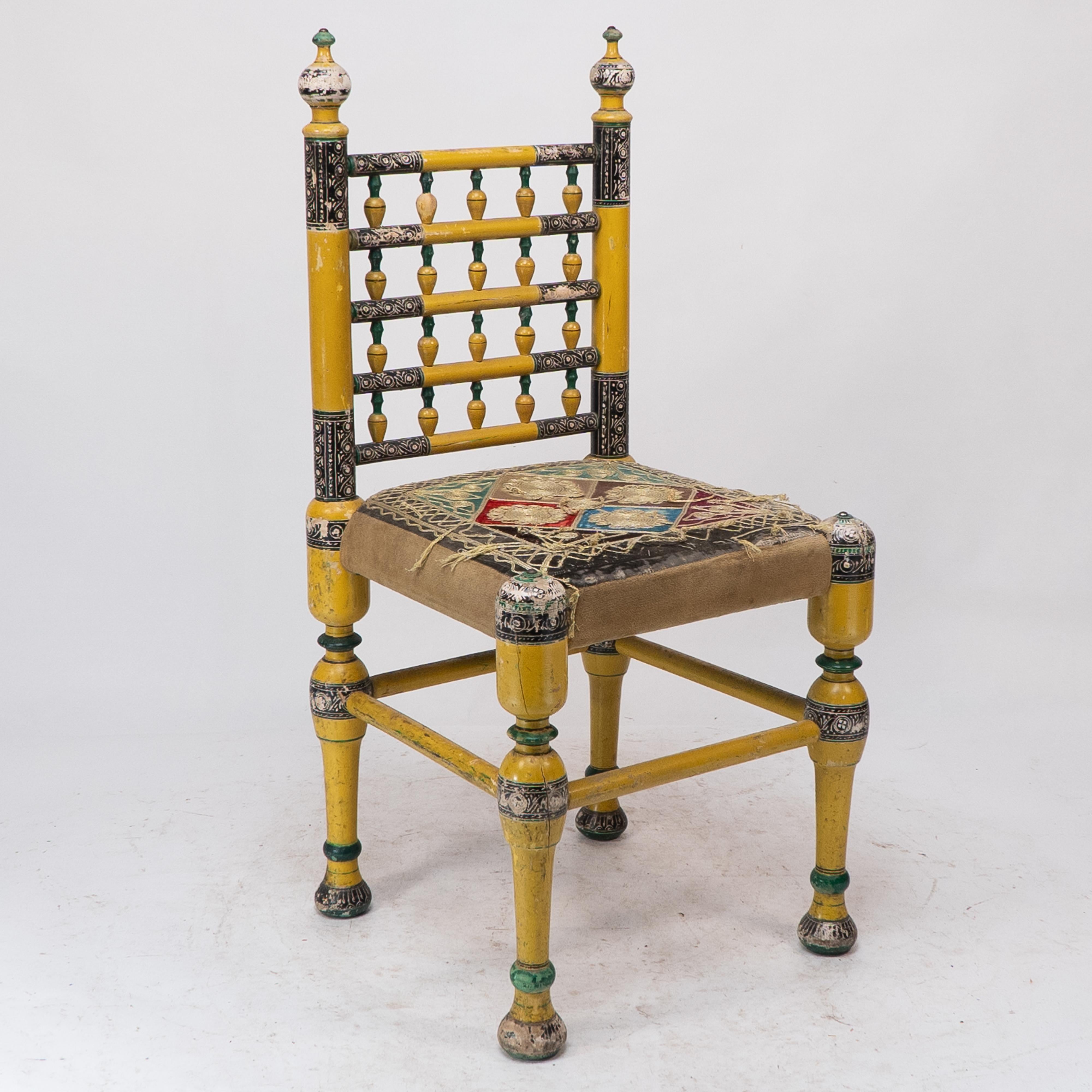 Indian Rajasthani A pair of polychrome painted chairs with gilt chord embroidery For Sale 4