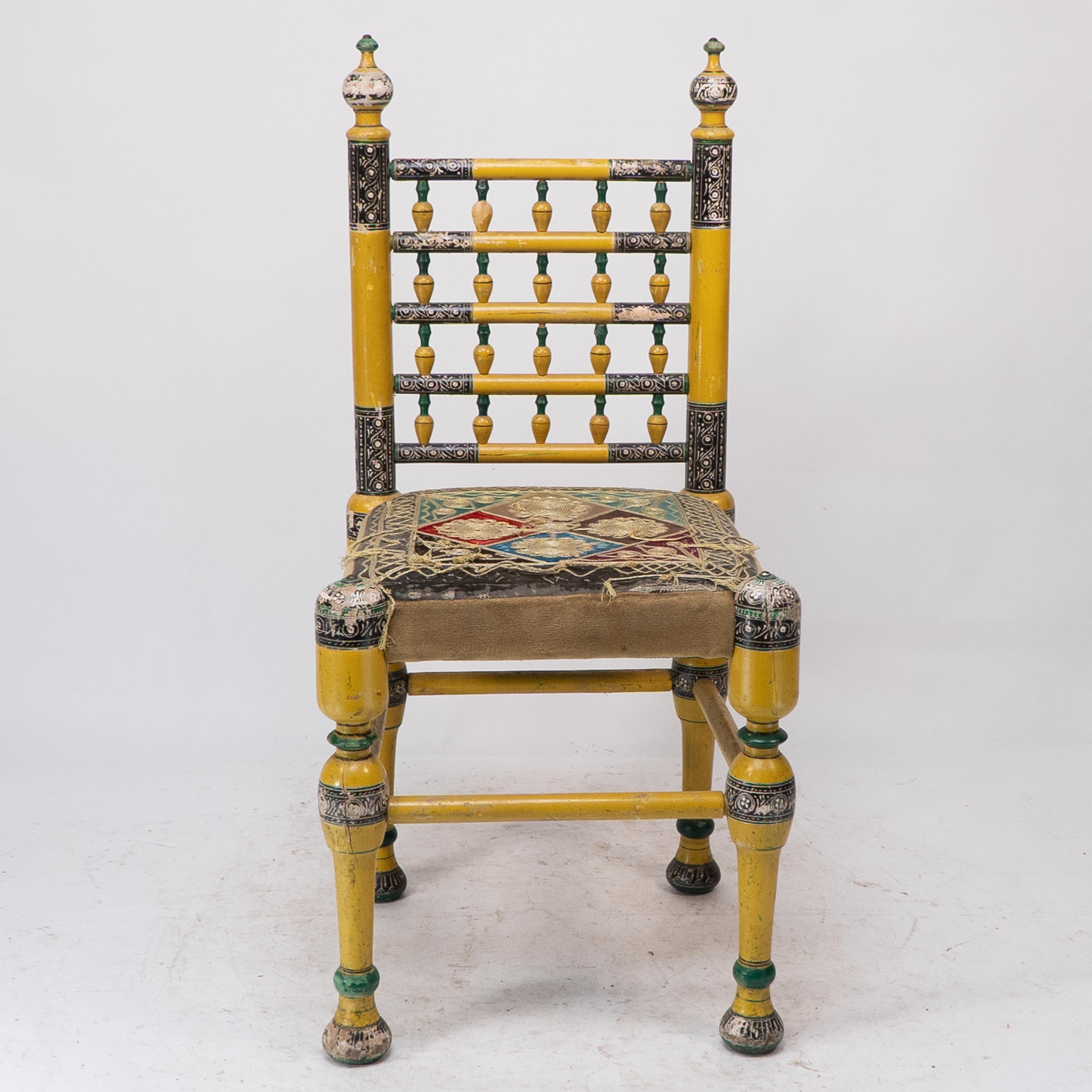 Indian Rajasthani A pair of polychrome painted chairs with gilt chord embroidery For Sale 5