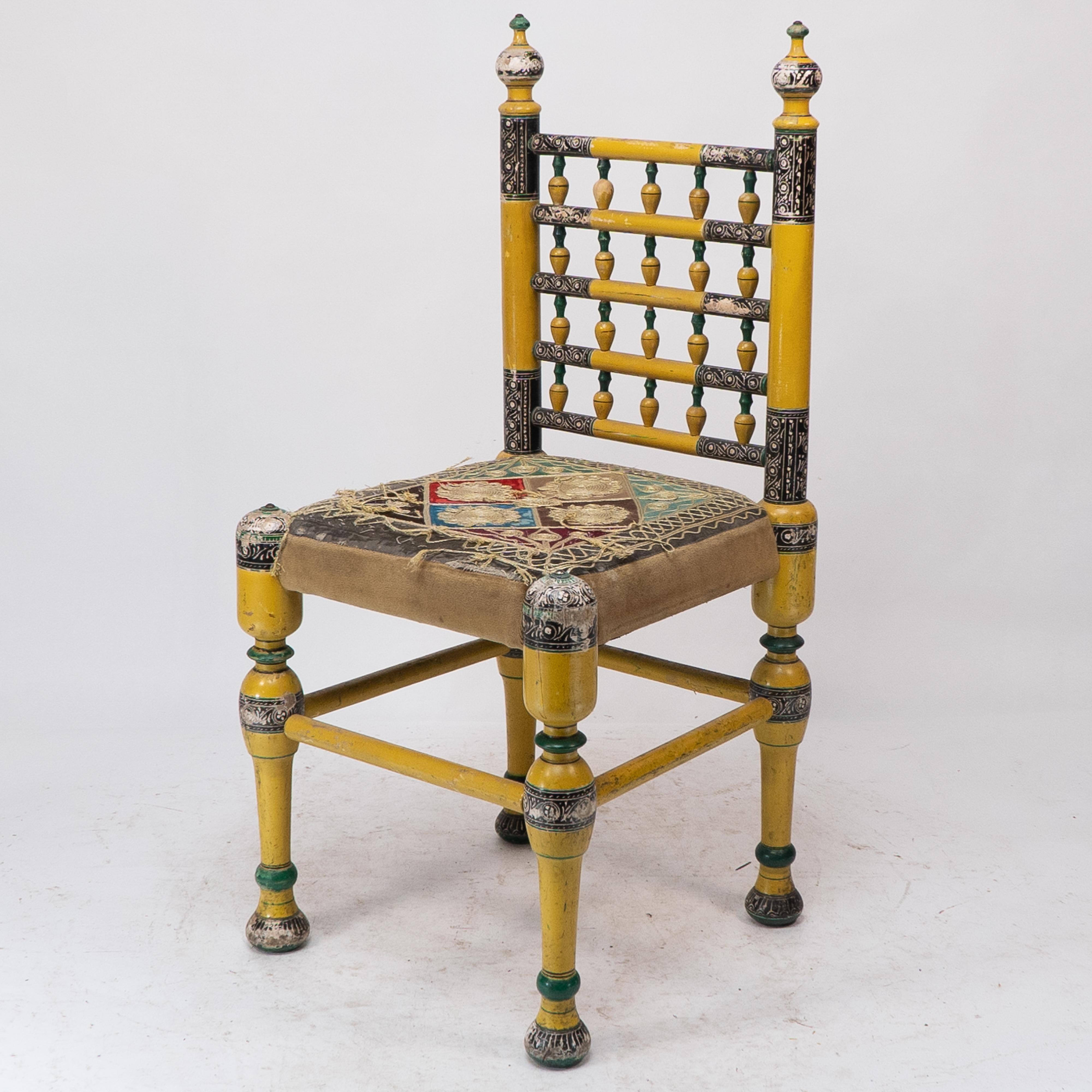 Indian Rajasthani A pair of polychrome painted chairs with gilt chord embroidery For Sale 6