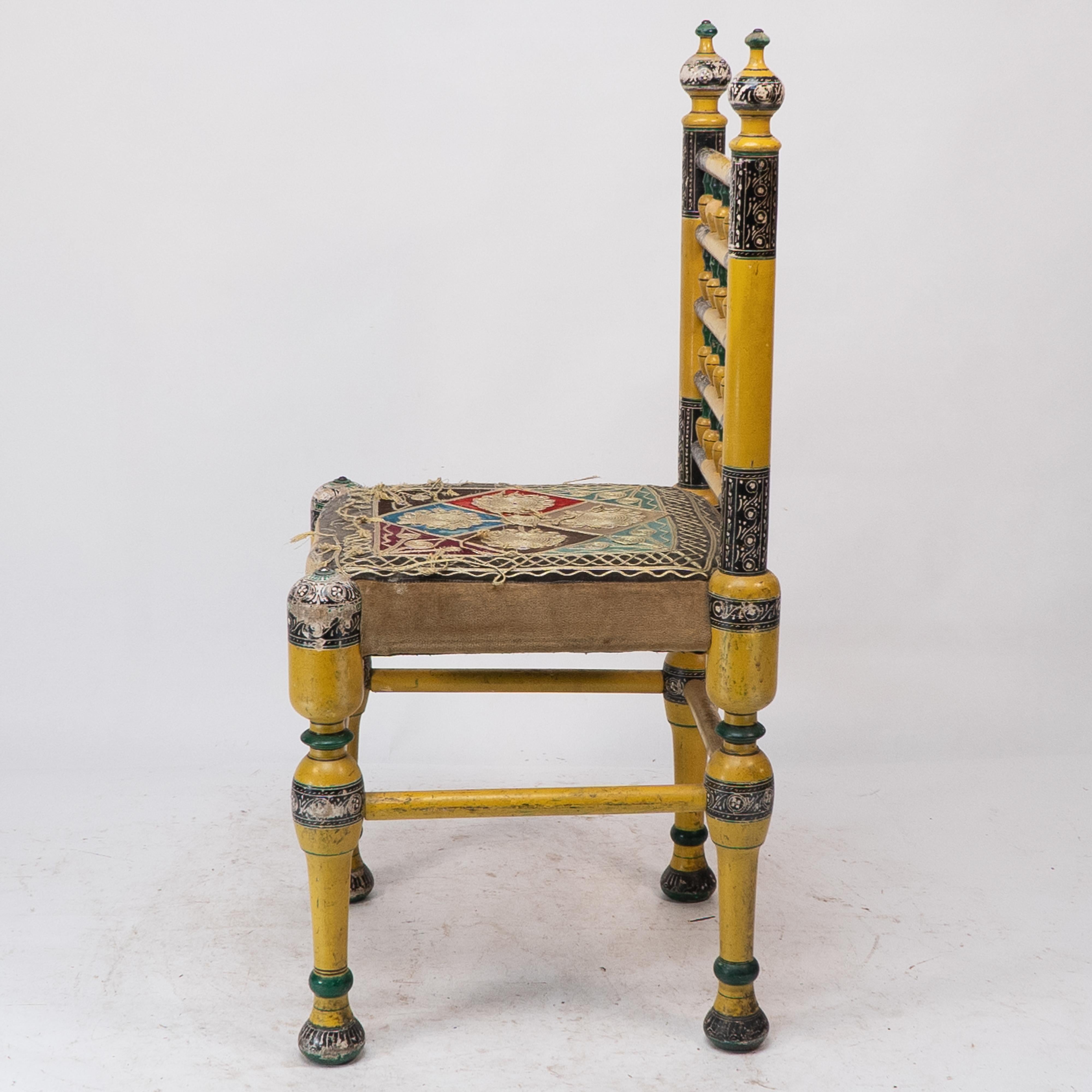Indian Rajasthani A pair of polychrome painted chairs with gilt chord embroidery For Sale 7
