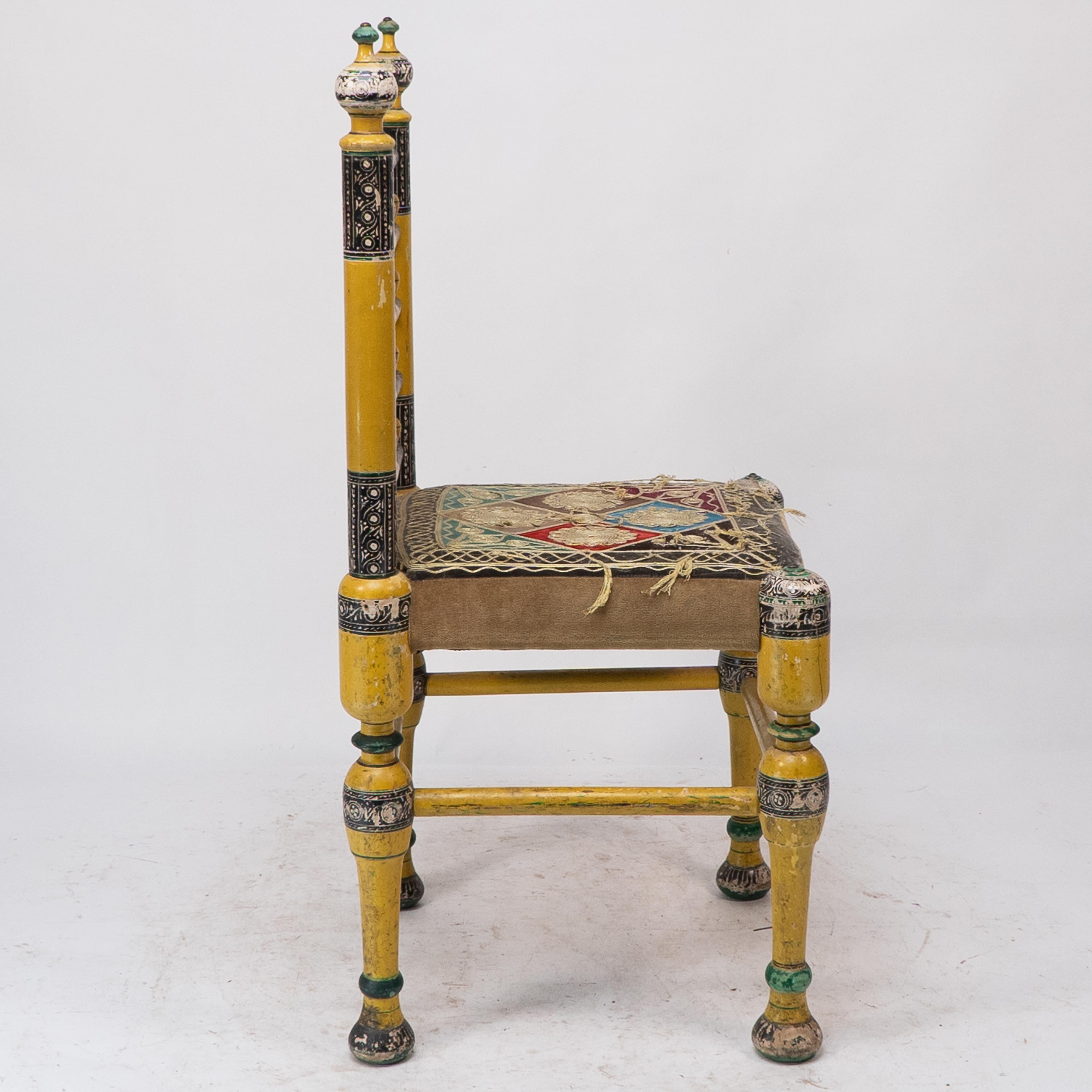 Indian Rajasthani A pair of polychrome painted chairs with gilt chord embroidery For Sale 8