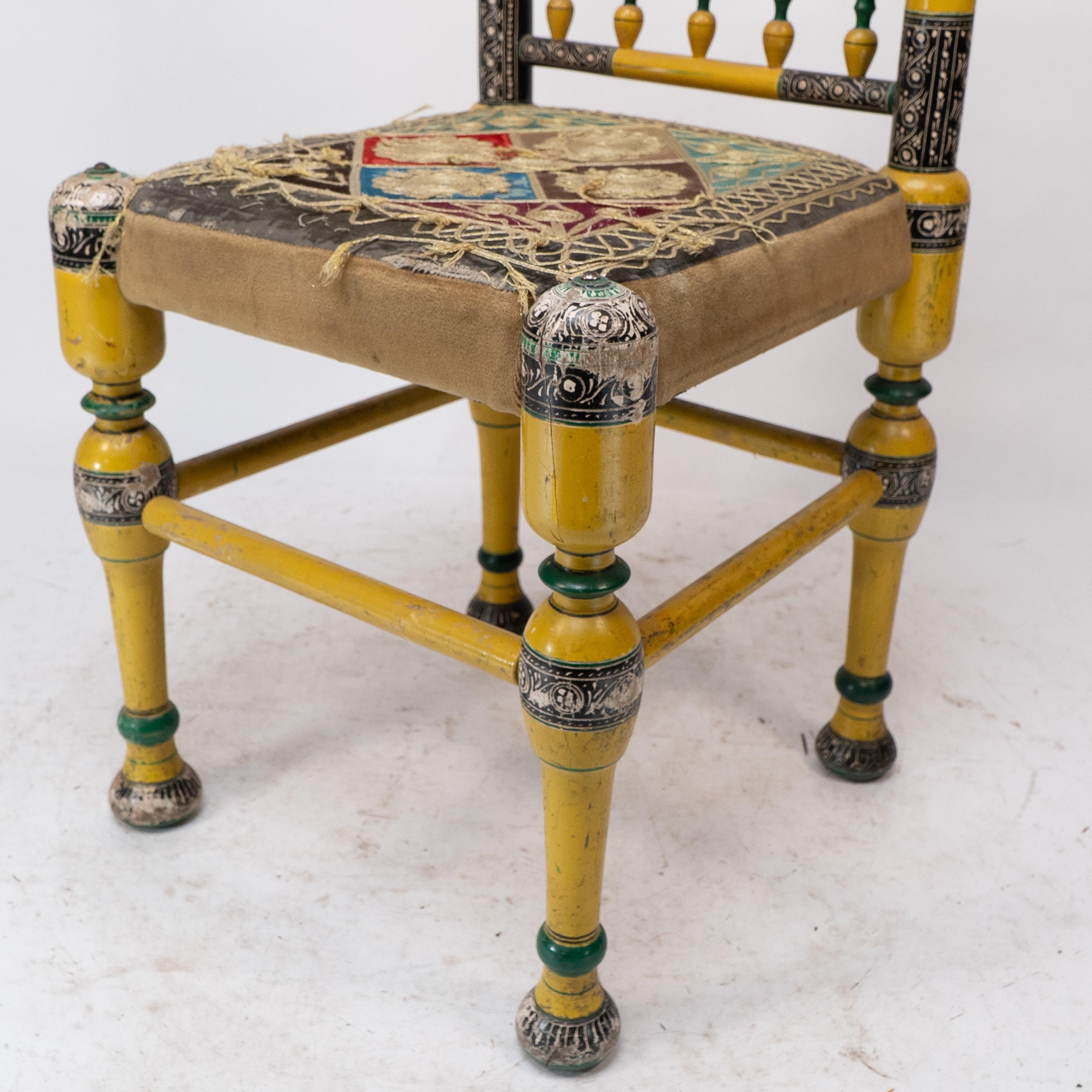 Indian Rajasthani A pair of polychrome painted chairs with gilt chord embroidery For Sale 9