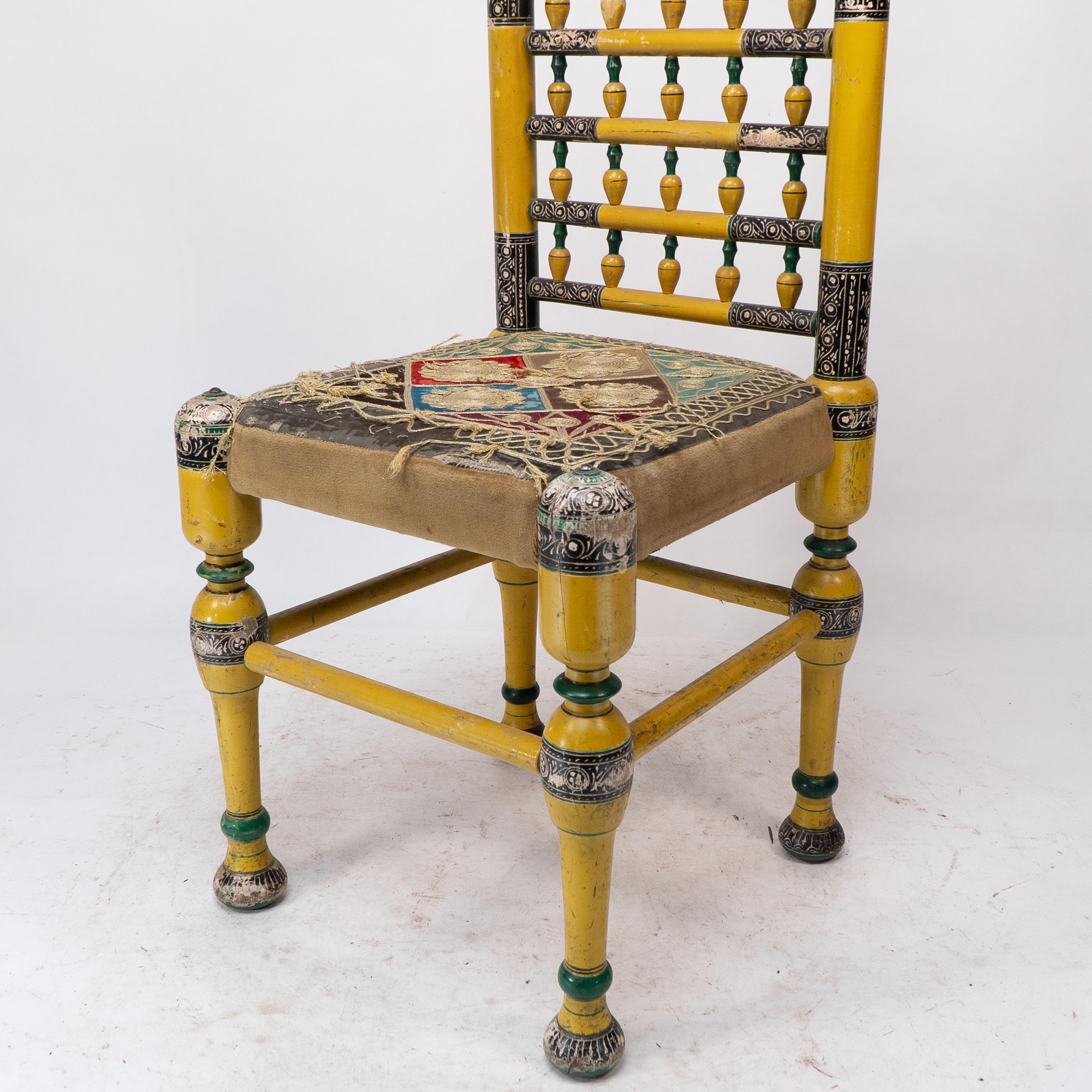 Indian Rajasthani A pair of polychrome painted chairs with gilt chord embroidery For Sale 10