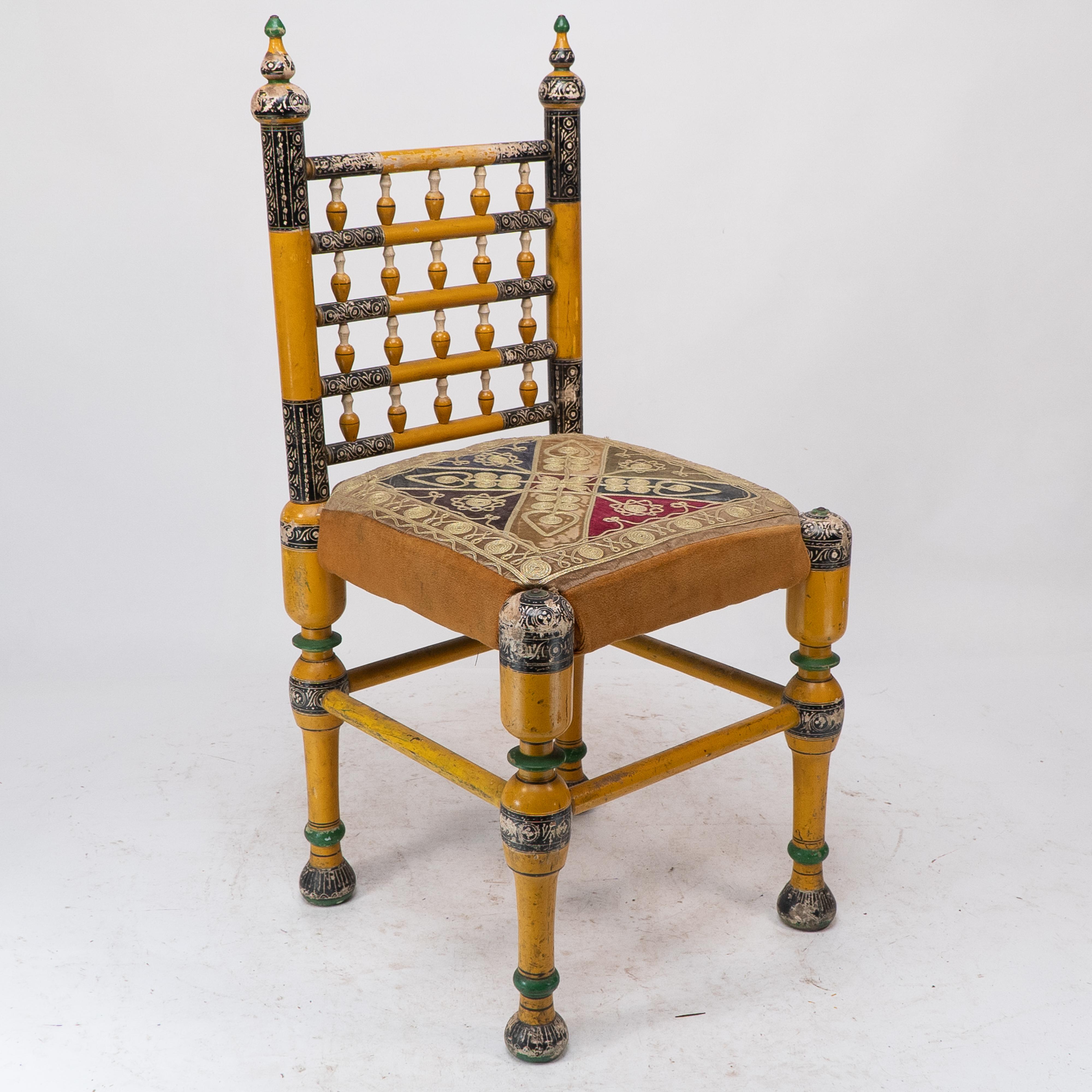 Moorish Indian Rajasthani A pair of polychrome painted chairs with gilt chord embroidery For Sale