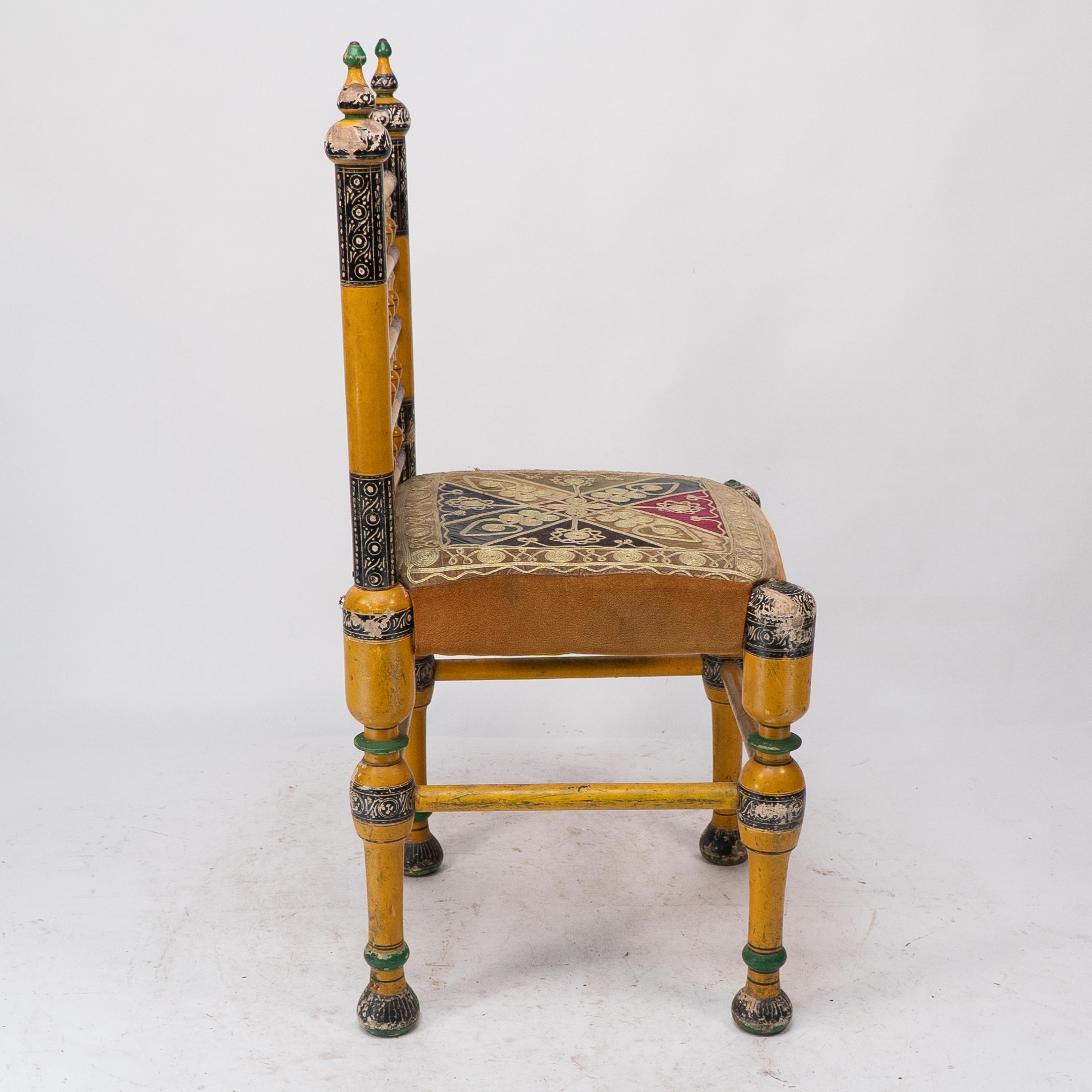 Wood Indian Rajasthani A pair of polychrome painted chairs with gilt chord embroidery For Sale