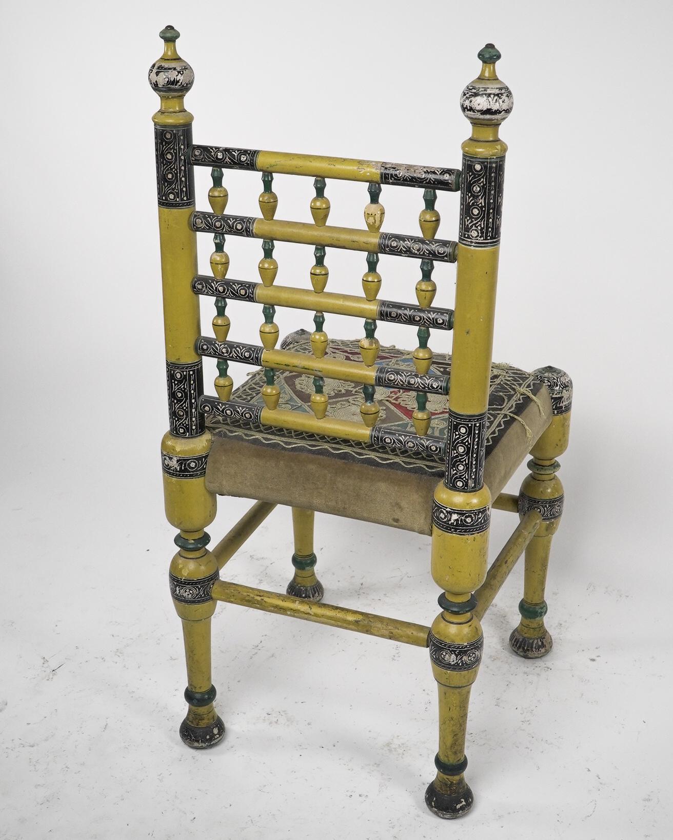 Indian Rajasthani A pair of polychrome painted chairs with gilt chord embroidery For Sale 9
