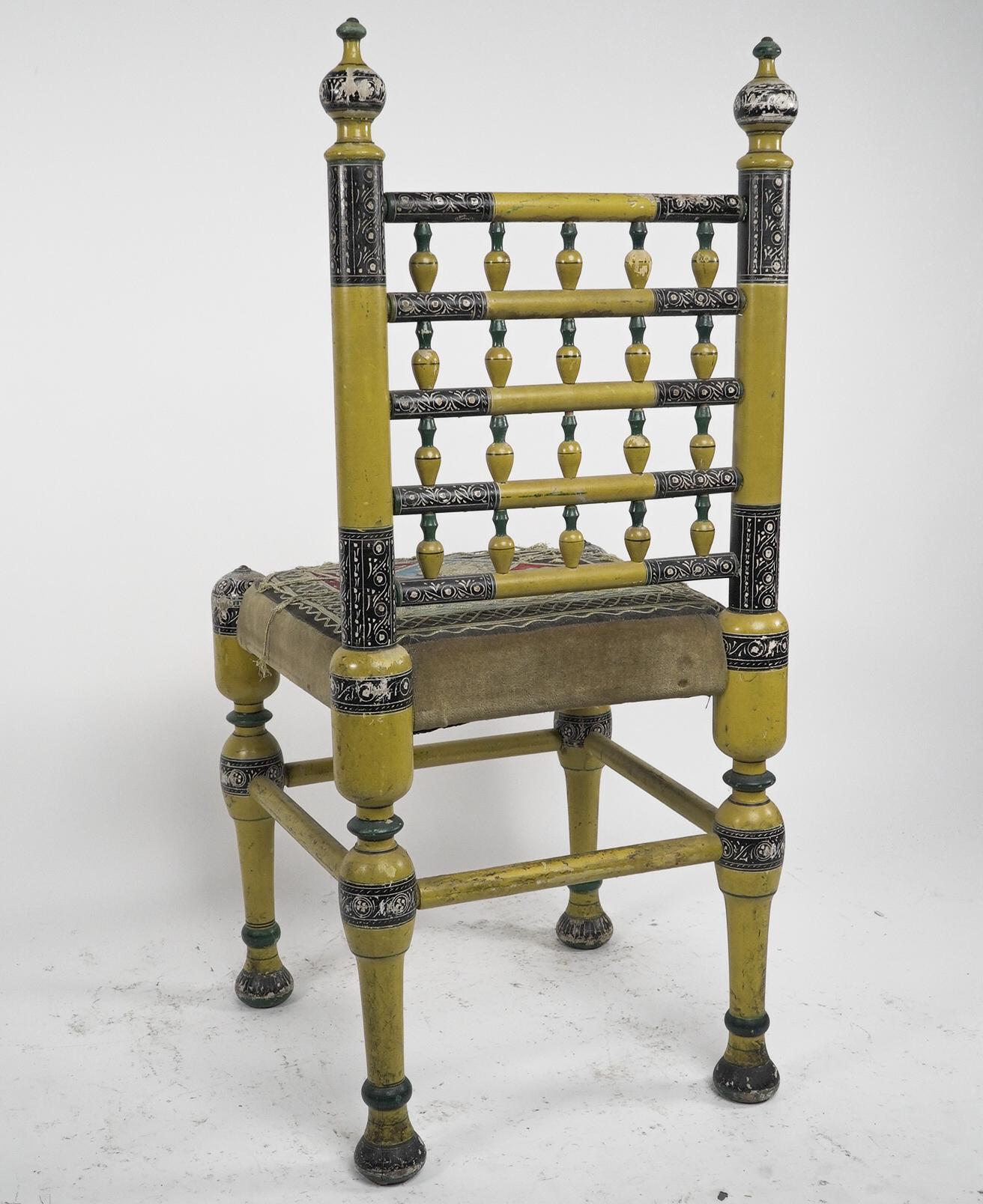 Indian Rajasthani A pair of polychrome painted chairs with gilt chord embroidery For Sale 10