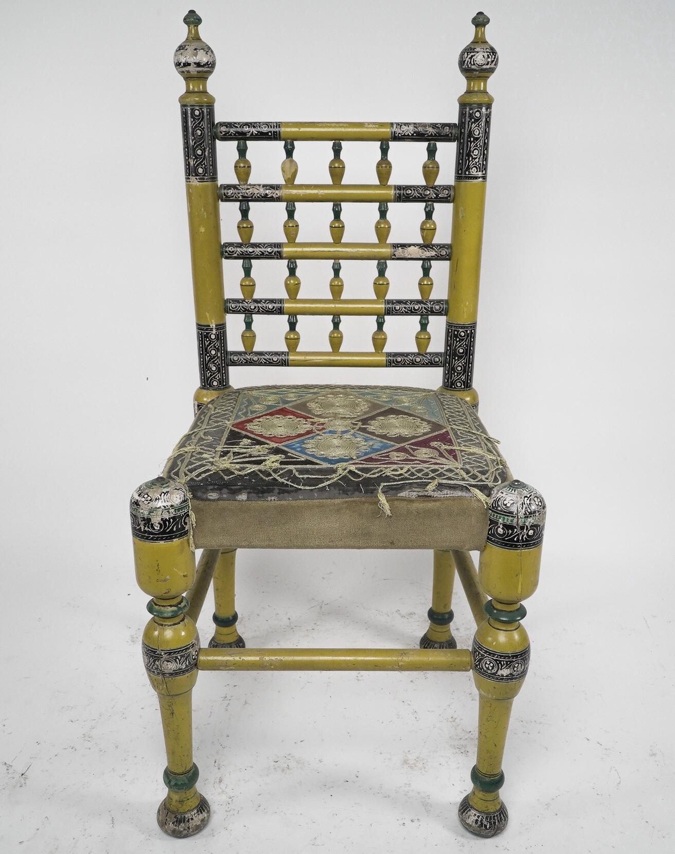 Wood Indian Rajasthani A pair of polychrome painted chairs with gilt chord embroidery For Sale