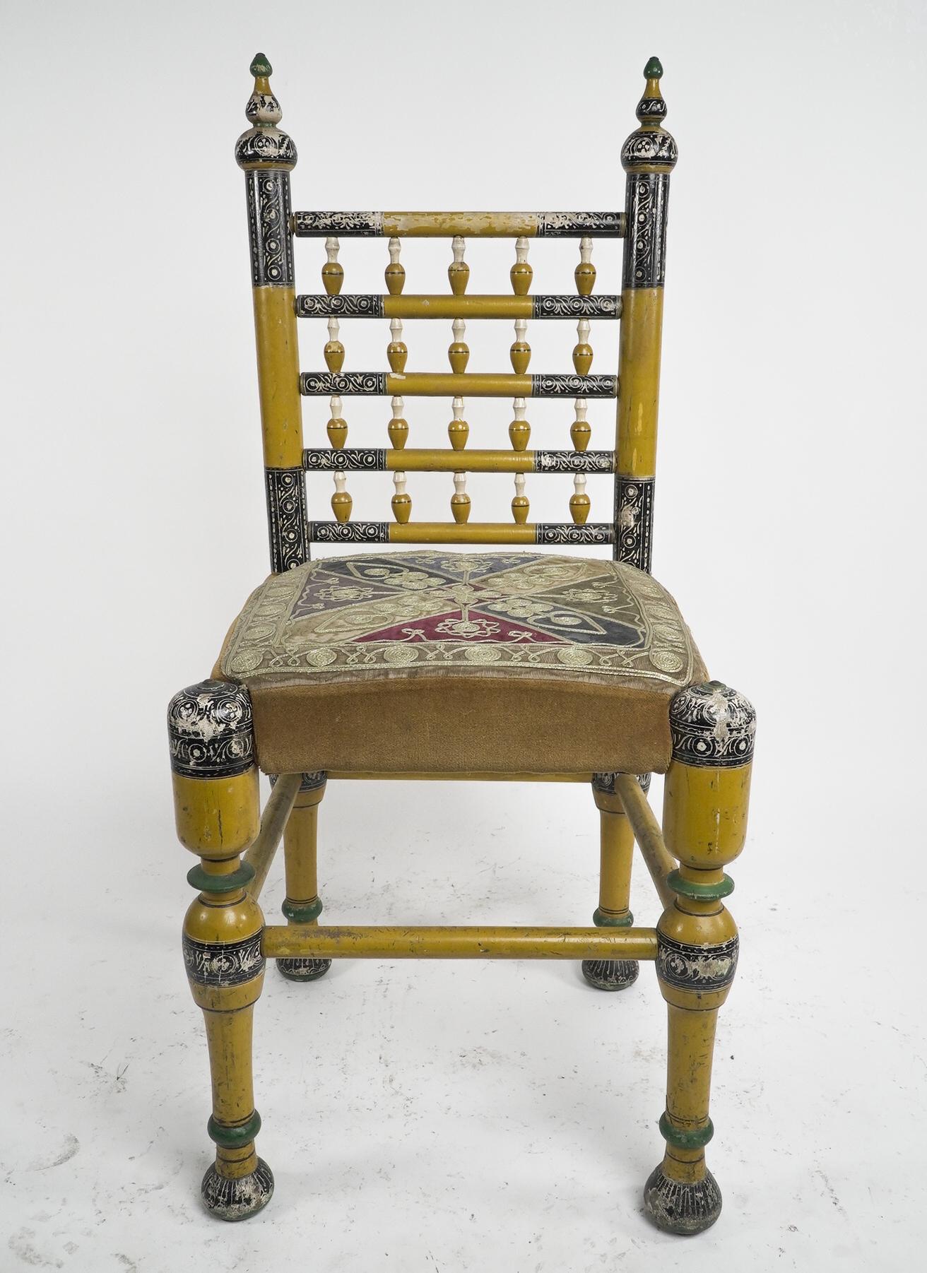 Indian Rajasthani A pair of polychrome painted chairs with gilt chord embroidery For Sale 1