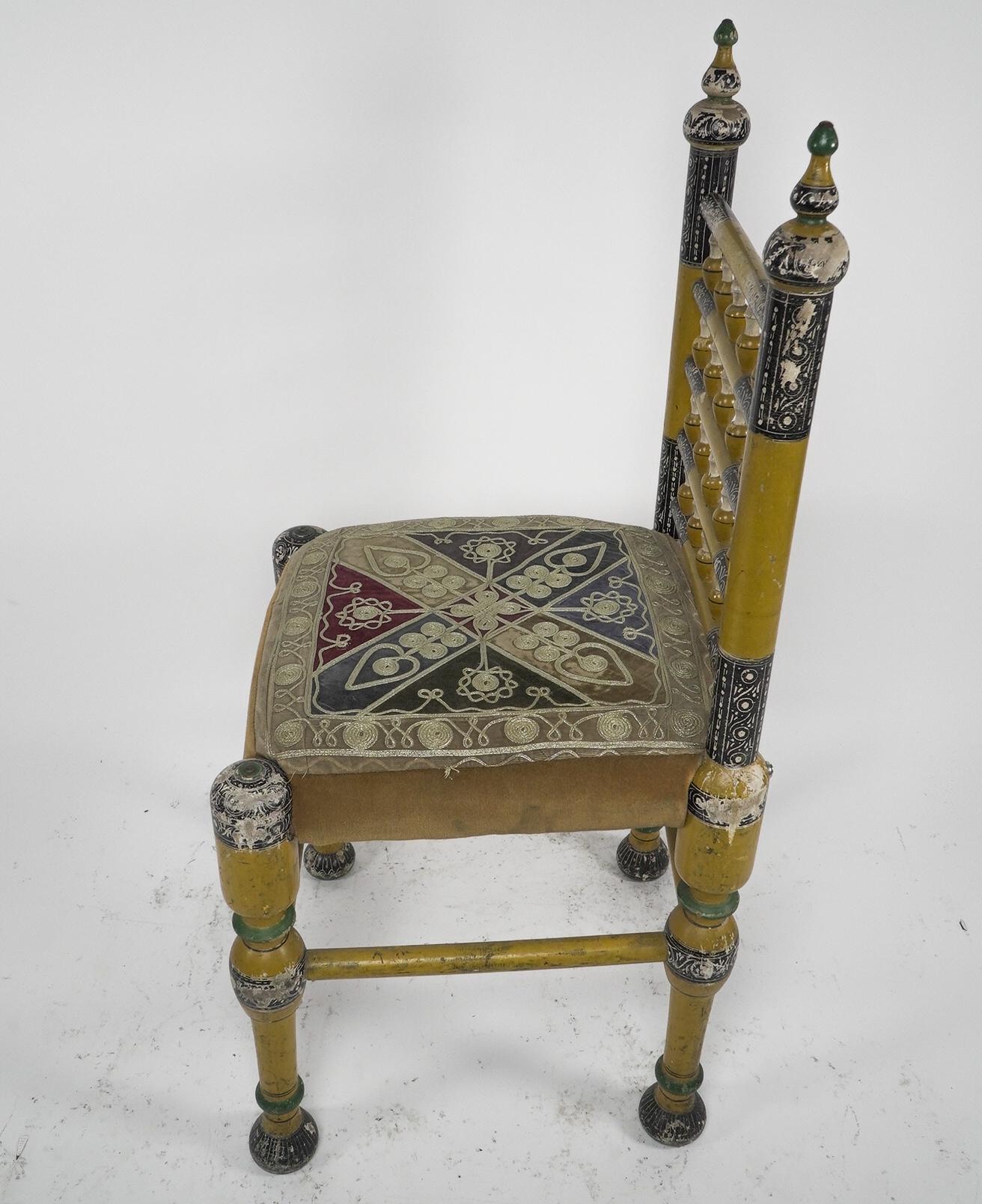 Indian Rajasthani A pair of polychrome painted chairs with gilt chord embroidery For Sale 2