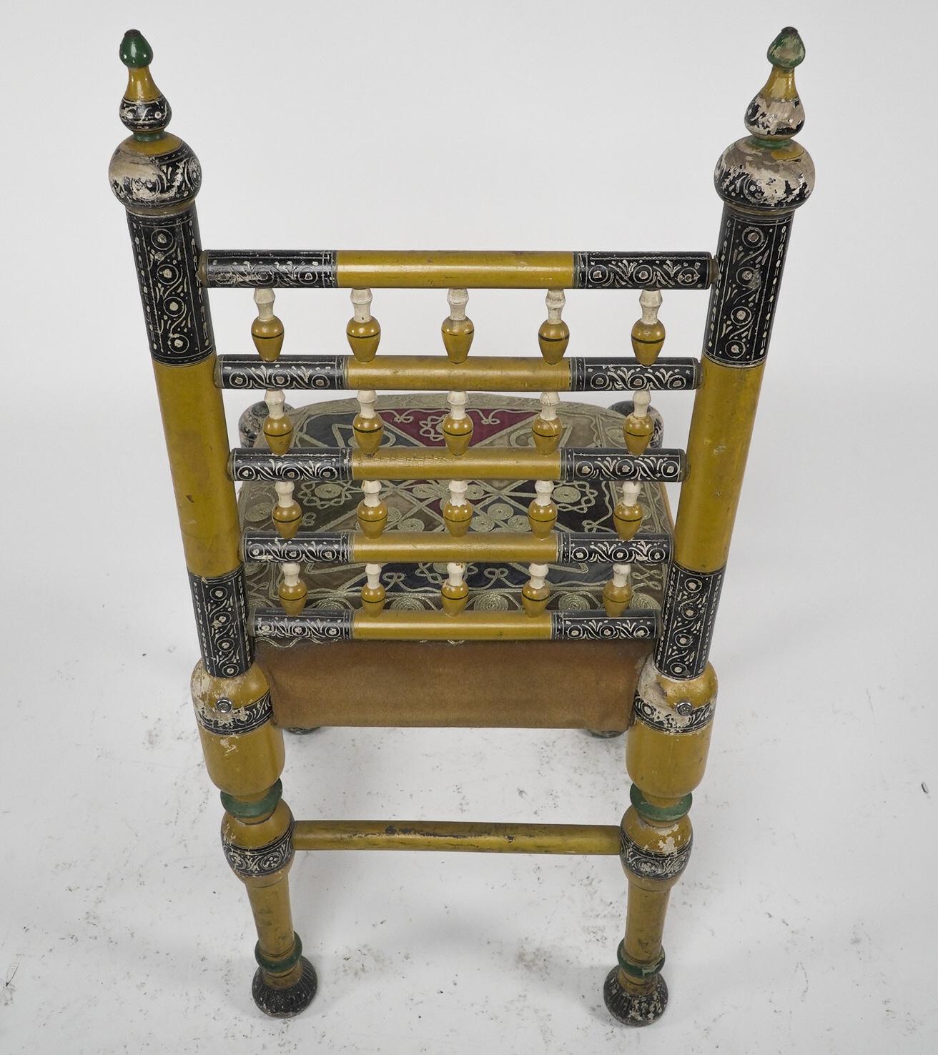 Indian Rajasthani A pair of polychrome painted chairs with gilt chord embroidery For Sale 11