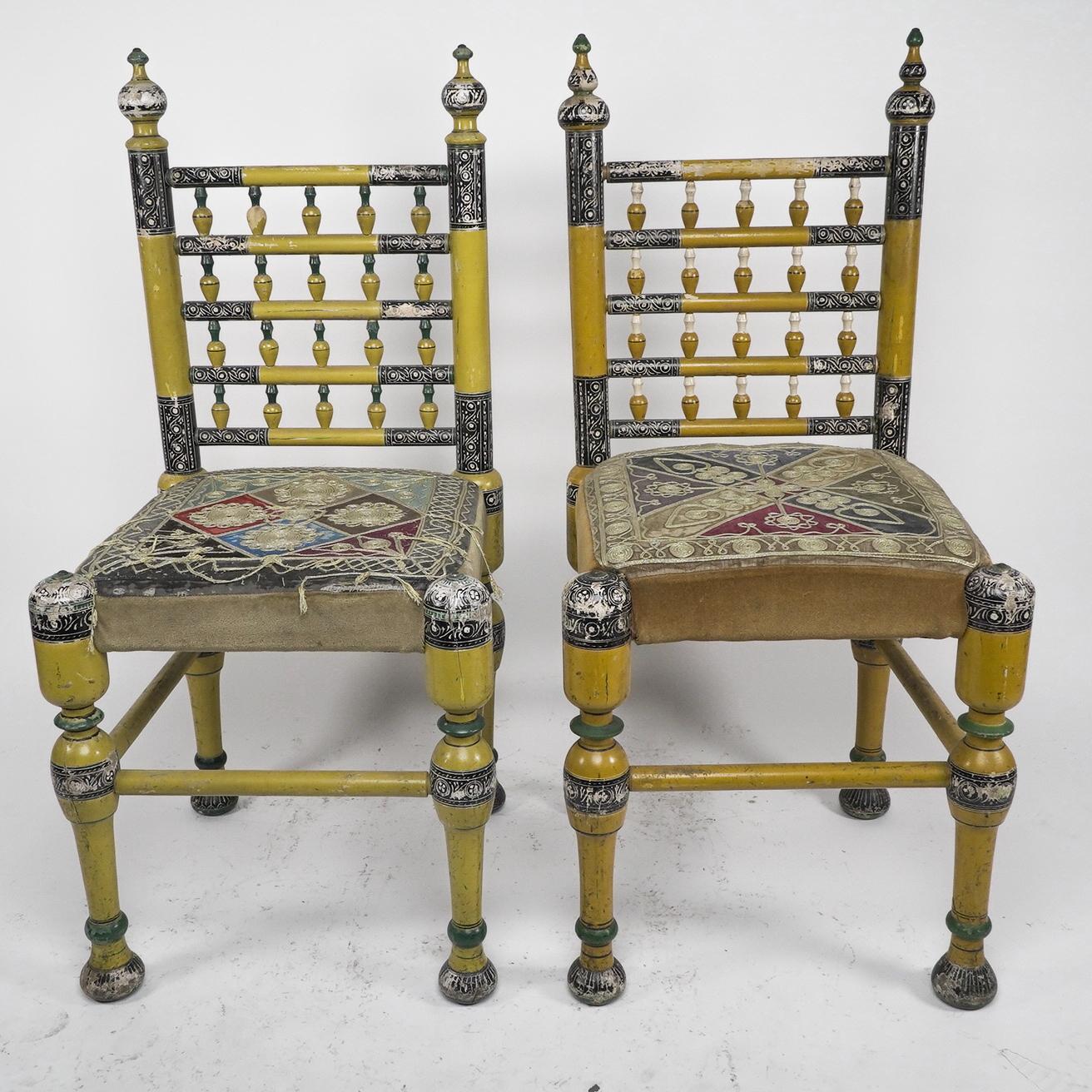 Moorish Indian Rajasthani A pair of polychrome painted chairs with gilt chord embroidery For Sale