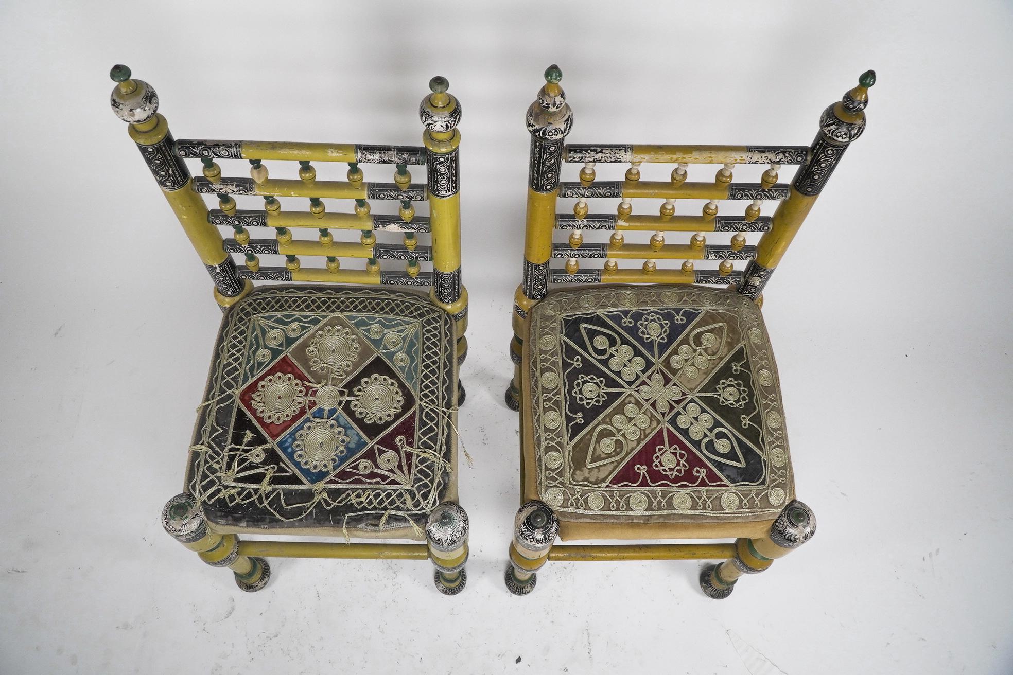 Indian Rajasthani A pair of polychrome painted chairs with gilt chord embroidery For Sale 5