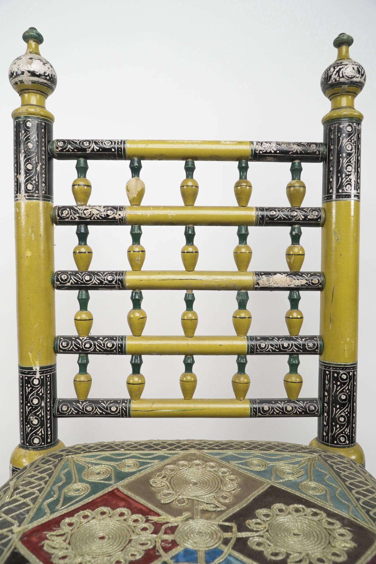 Indian Rajasthani A pair of polychrome painted chairs with gilt chord embroidery For Sale 3