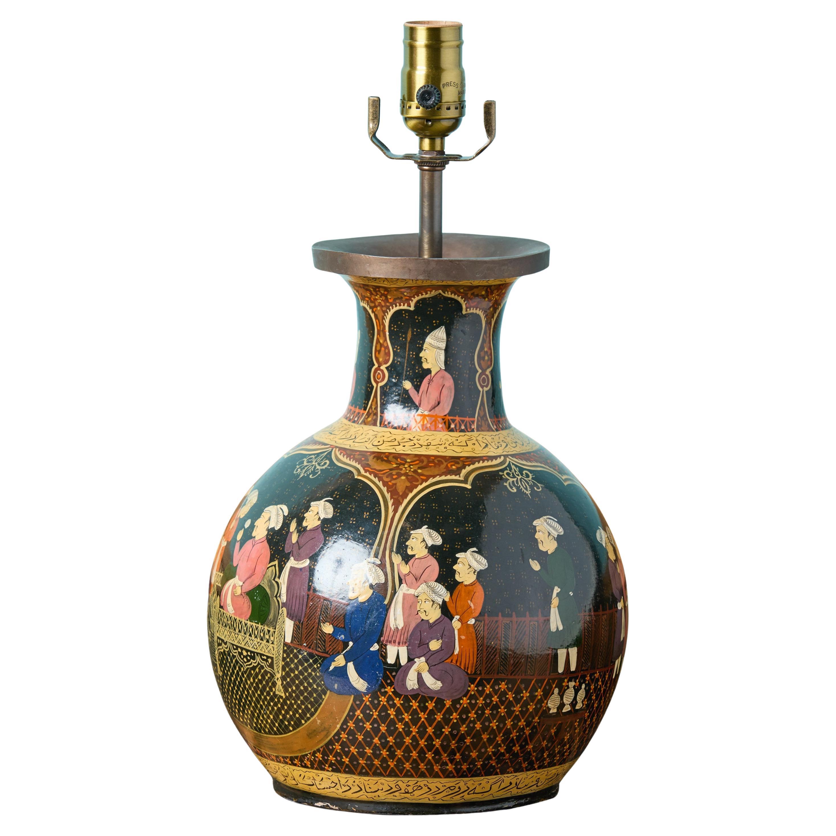Indian Rajasthani Mughal-Style Hand Painted Lamp For Sale