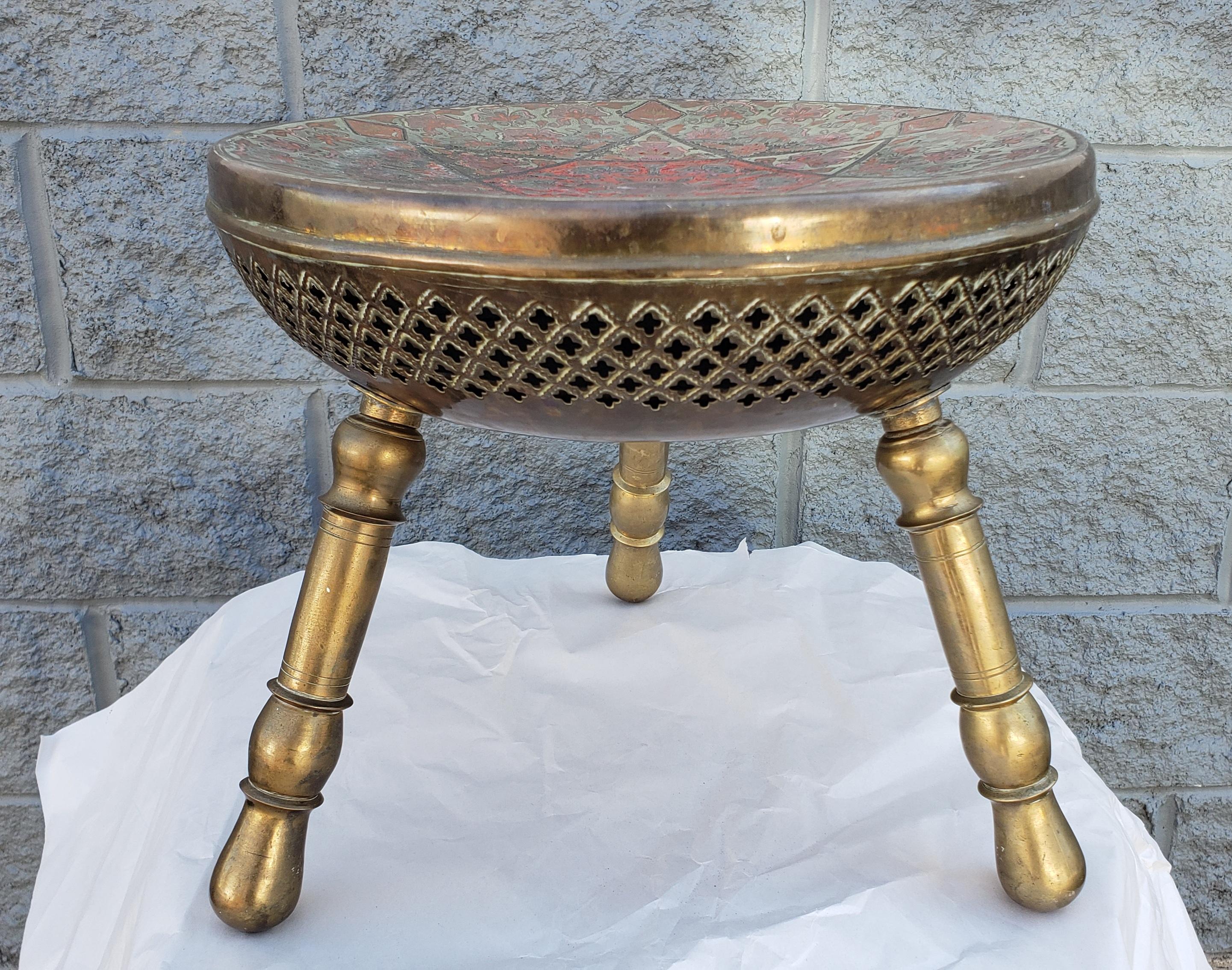 Indian Repoussé & Engraved Brass Bowl / Planter on Engraved Brass Stand / Stool For Sale 8