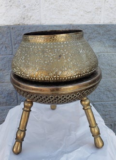 Indian Repoussé & Engraved Brass Bowl / Planter on Engraved Brass Stand / Stool
