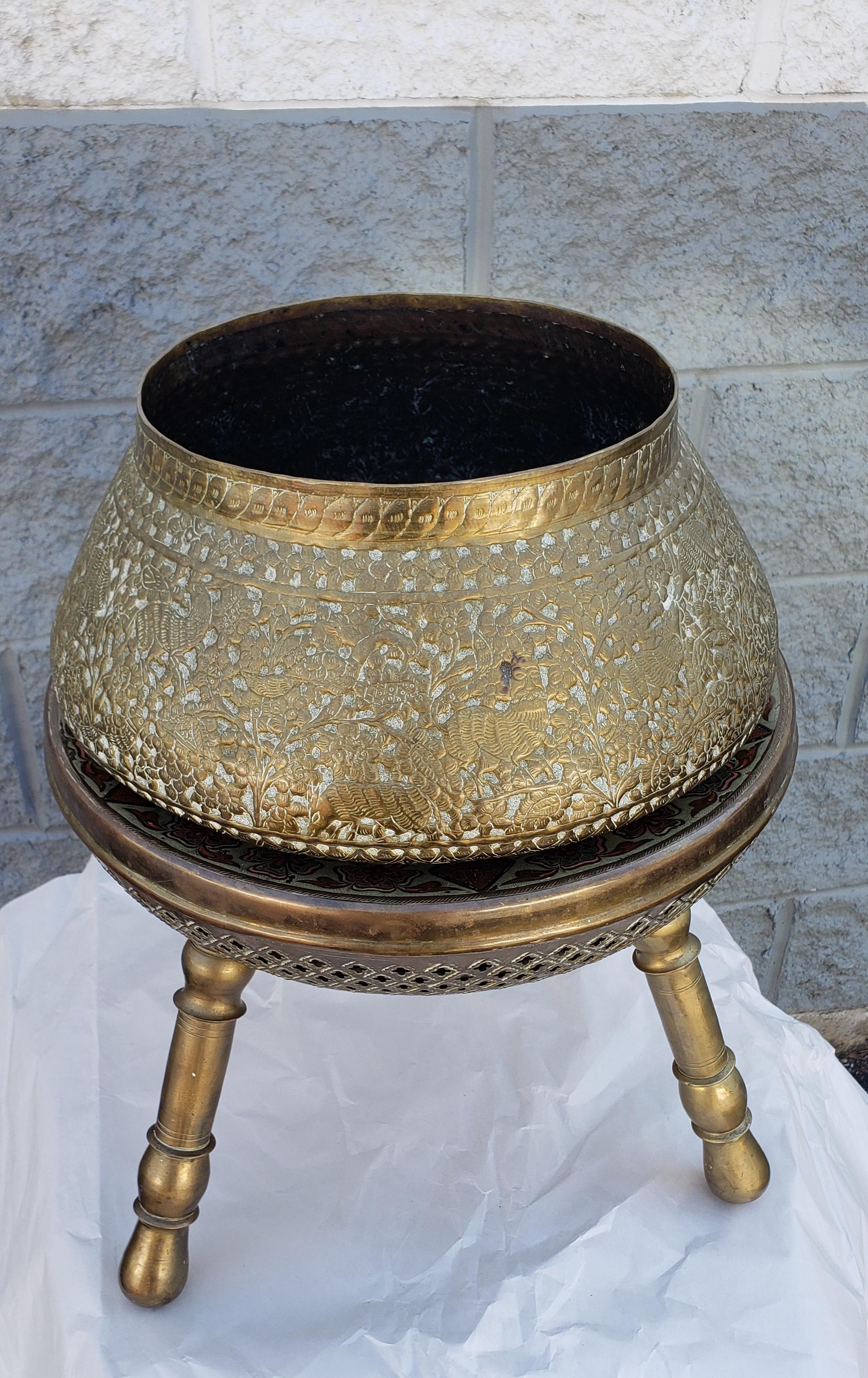 Anglo-Indian Indian Repoussé & Engraved Brass Bowl / Planter on Engraved Brass Stand / Stool For Sale
