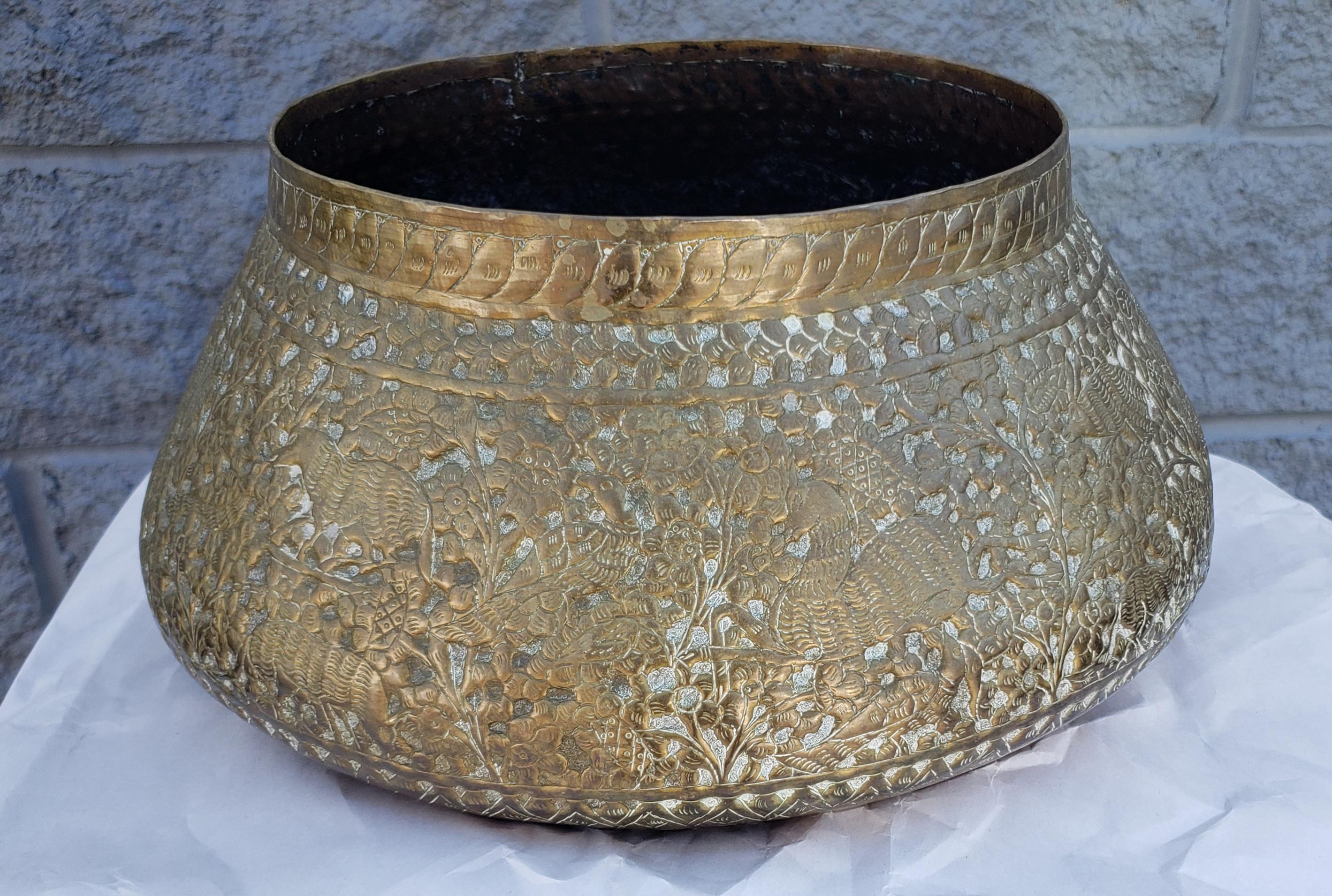Indian Repoussé & Engraved Brass Bowl / Planter on Engraved Brass Stand / Stool In Good Condition For Sale In Germantown, MD