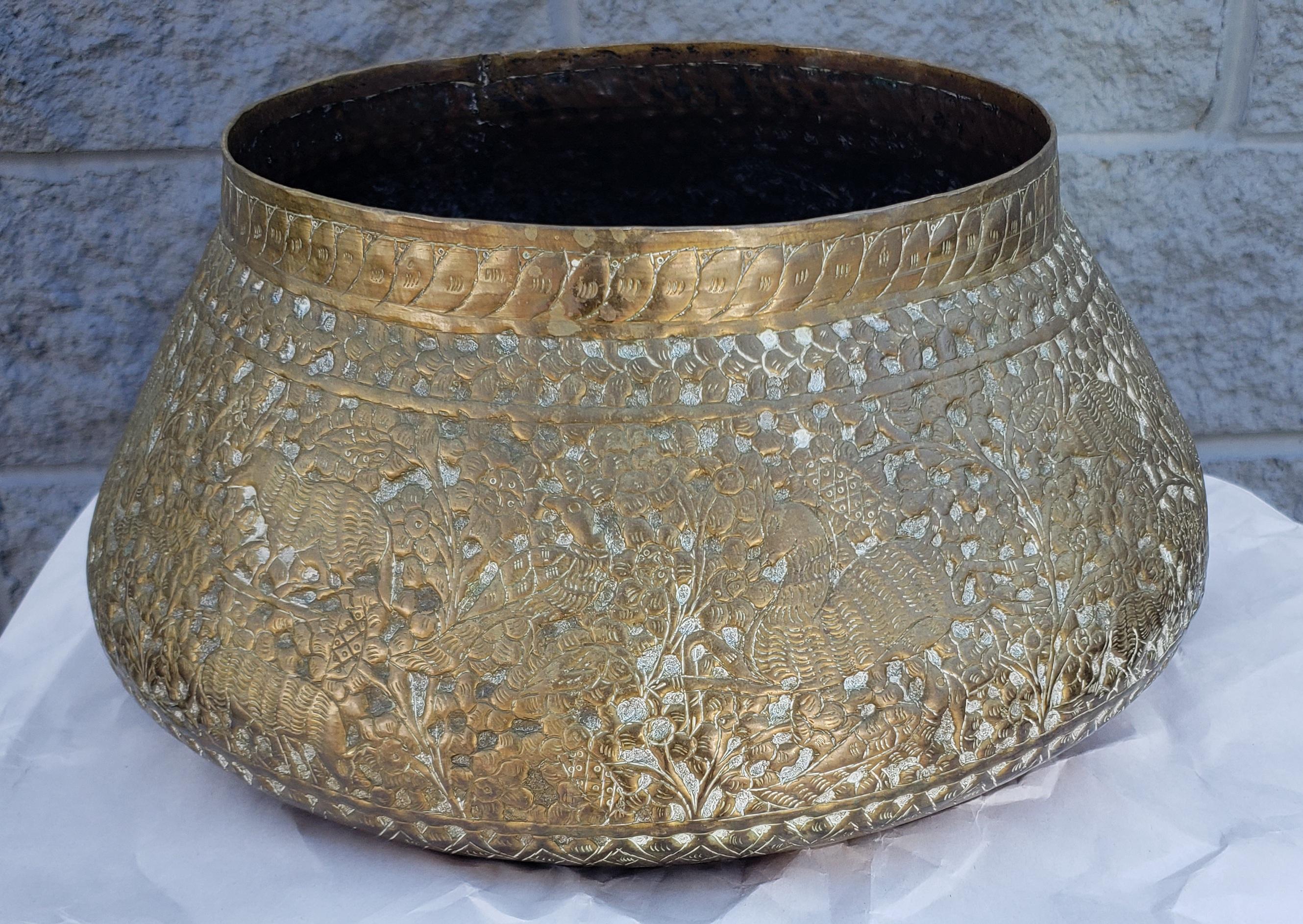 20th Century Indian Repoussé & Engraved Brass Bowl / Planter on Engraved Brass Stand / Stool For Sale